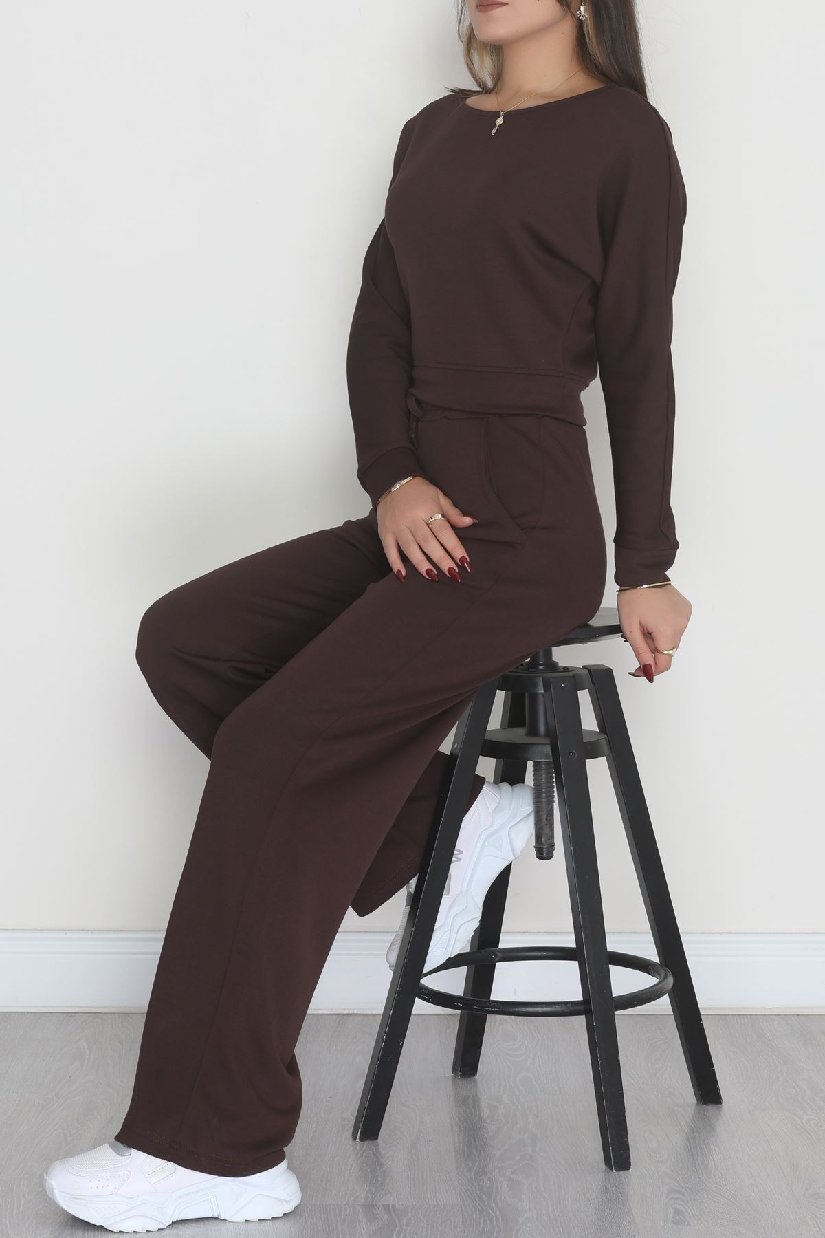 Kayık Yaka Modal Kumaş İkili Takım Kahve - 42673.1247.