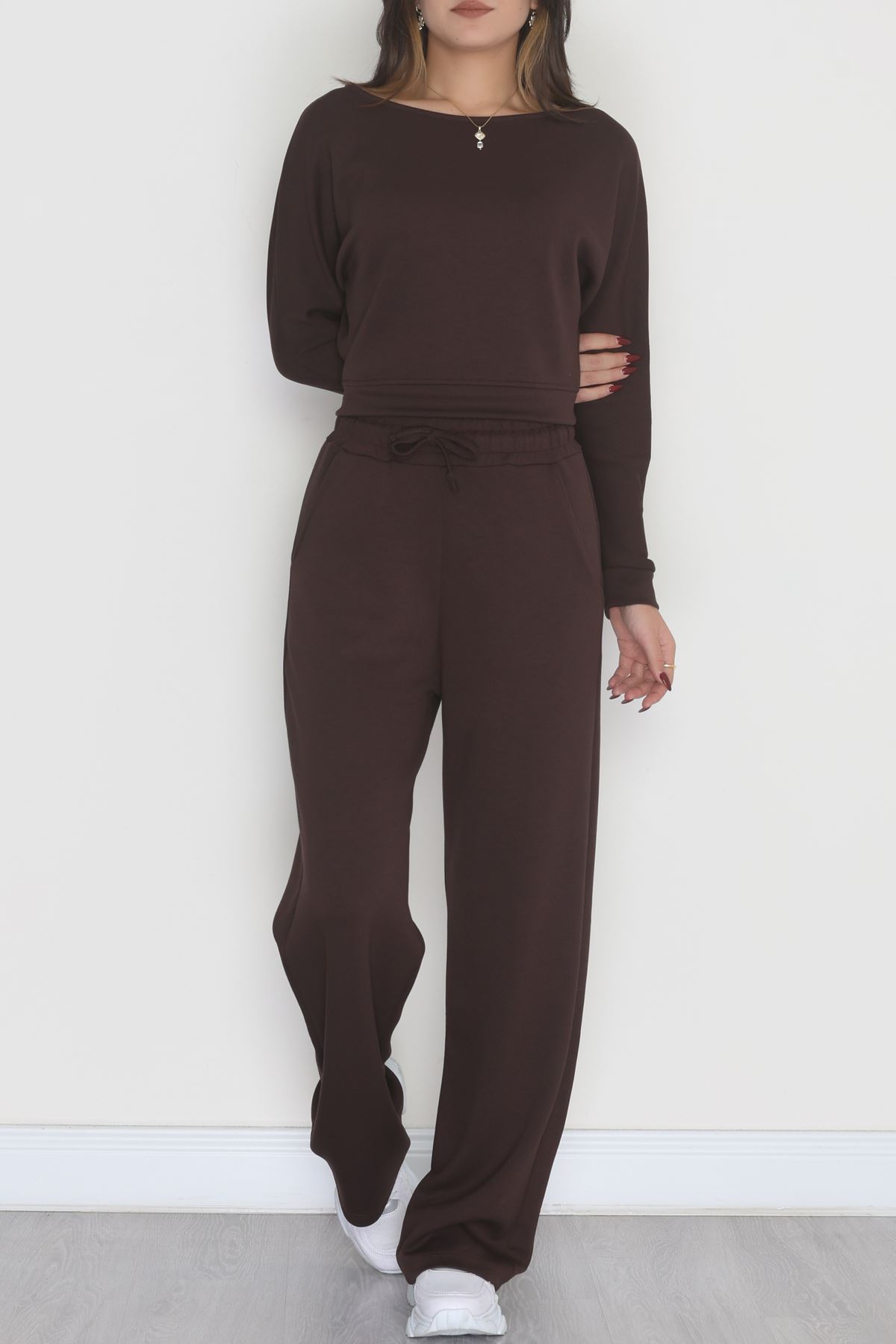 Kayık Yaka Modal Kumaş İkili Takım Kahve - 42673.1247.