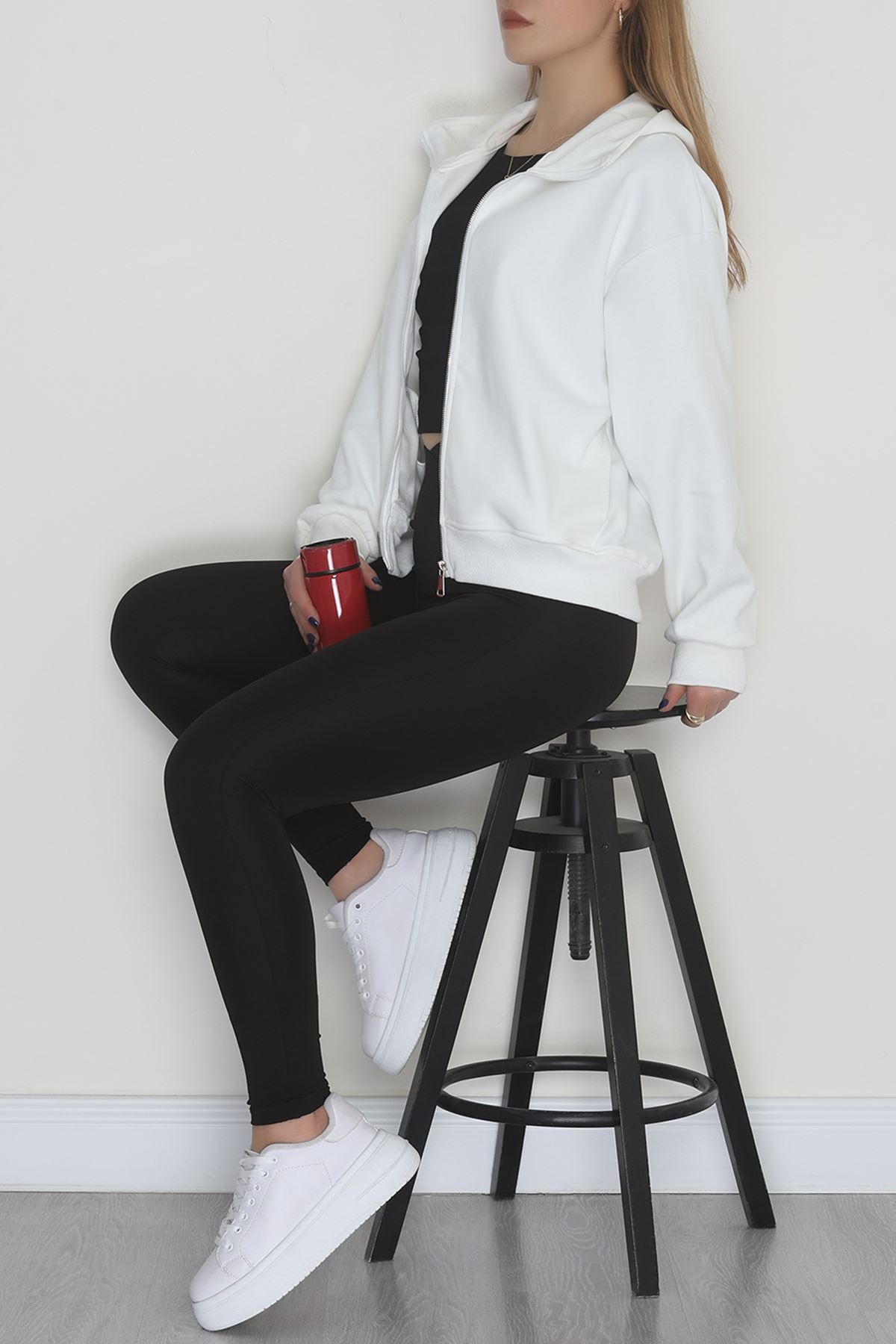 Double Face Kumaş Fermuarlı Kapşonlu Sweat Ekru - 42677.1437.