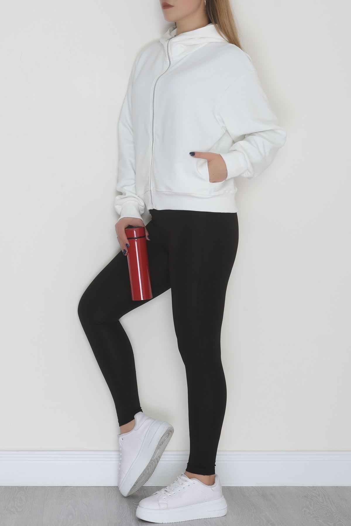 Double Face Kumaş Fermuarlı Kapşonlu Sweat Ekru - 42677.1437.