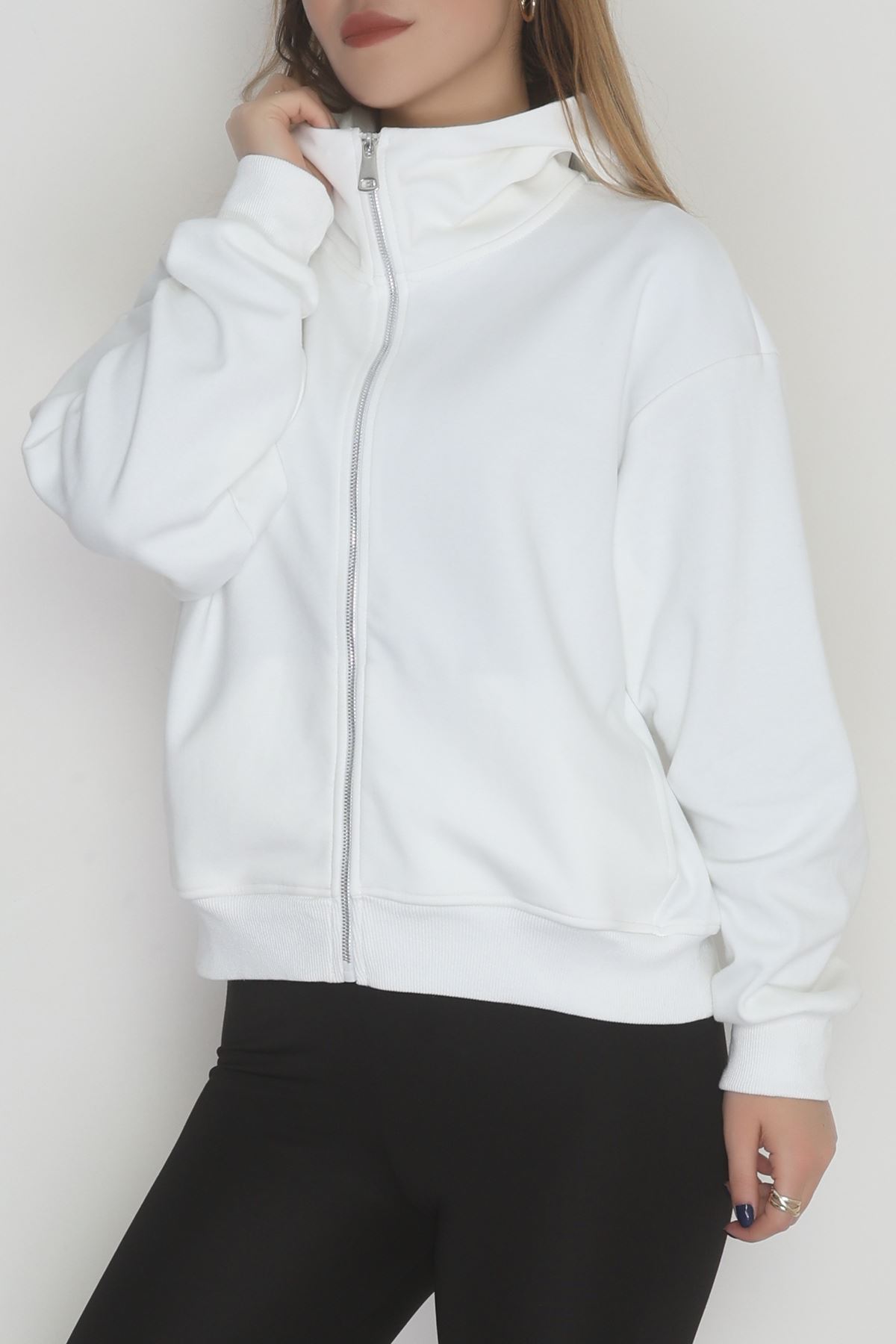 Double Face Kumaş Fermuarlı Kapşonlu Sweat Ekru - 42677.1437.