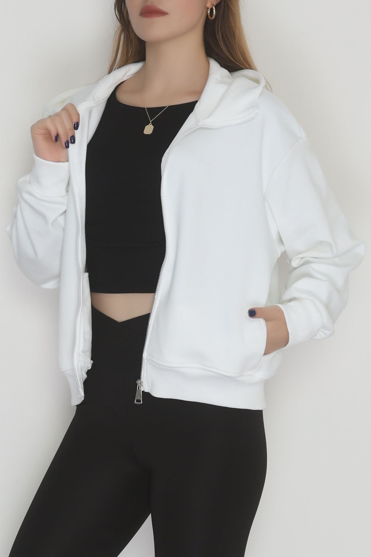 Double Face Kumaş Fermuarlı Kapşonlu Sweat Ekru - 42677.1437.