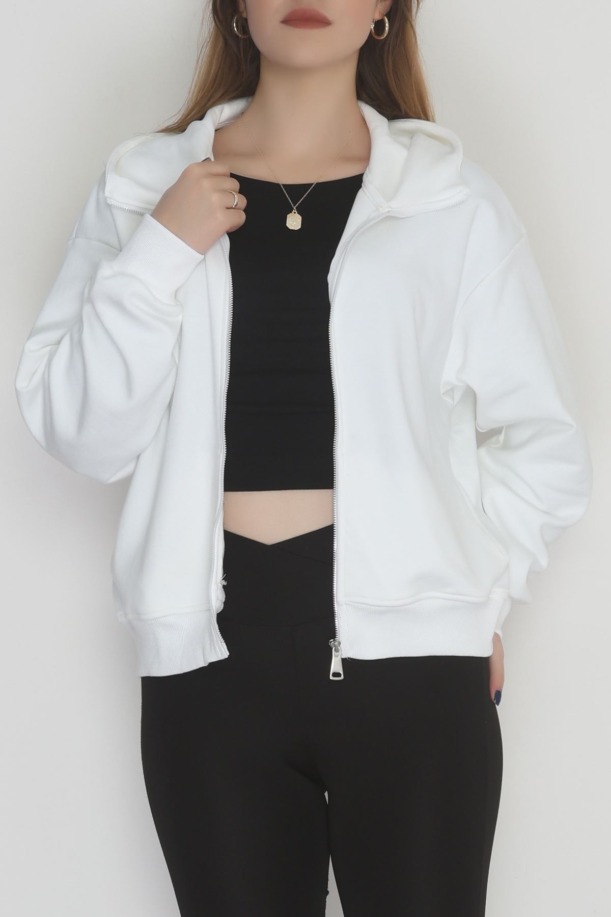 Double Face Kumaş Fermuarlı Kapşonlu Sweat Ekru - 42677.1437.
