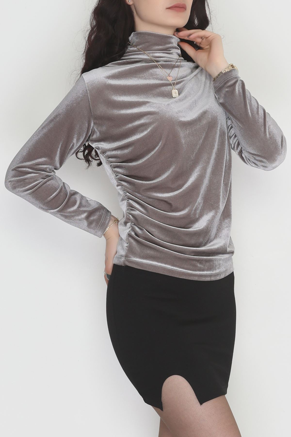 Drape Detaylı Kadife Bluz Koyugri - 42664.1949.