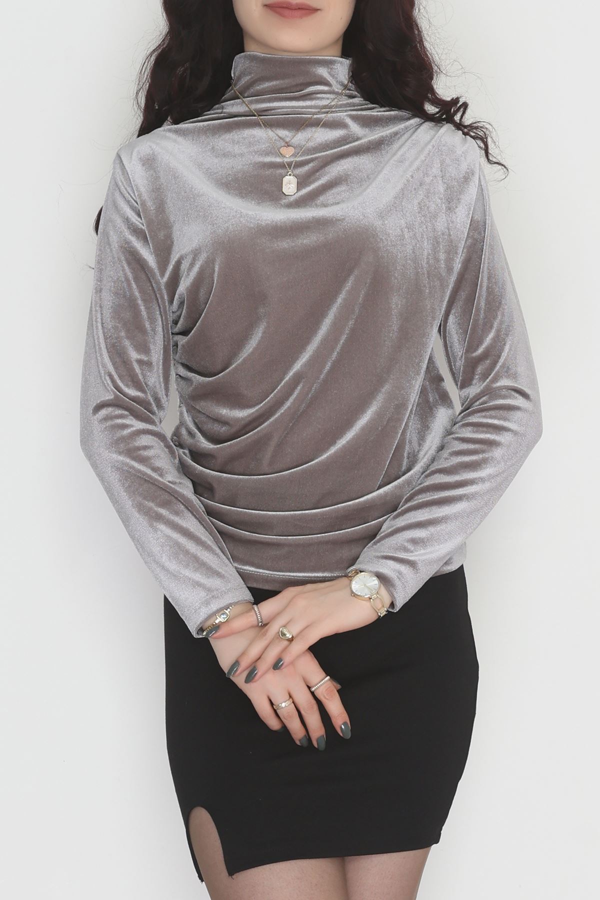 Drape Detaylı Kadife Bluz Koyugri - 42664.1949.