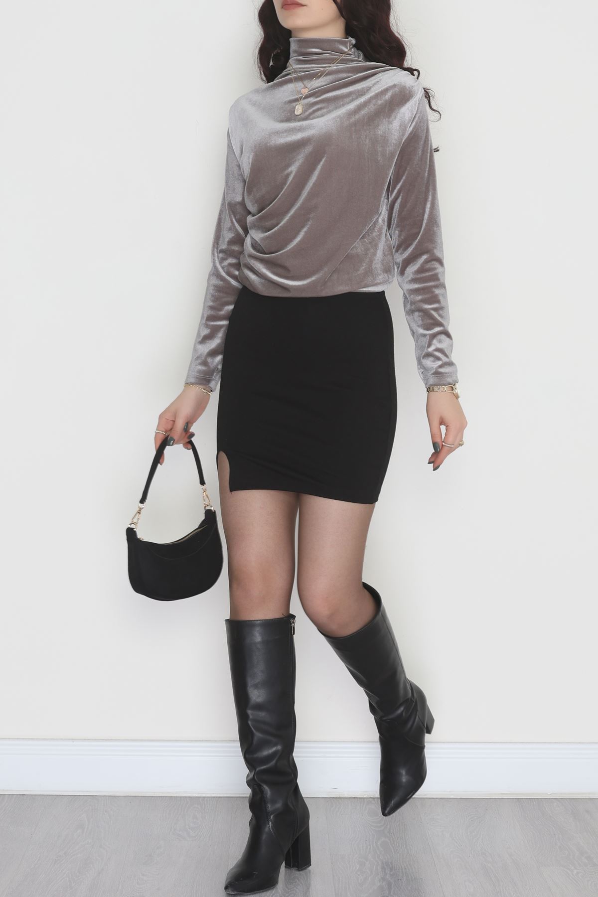 Drape Detaylı Kadife Bluz Koyugri - 42664.1949.