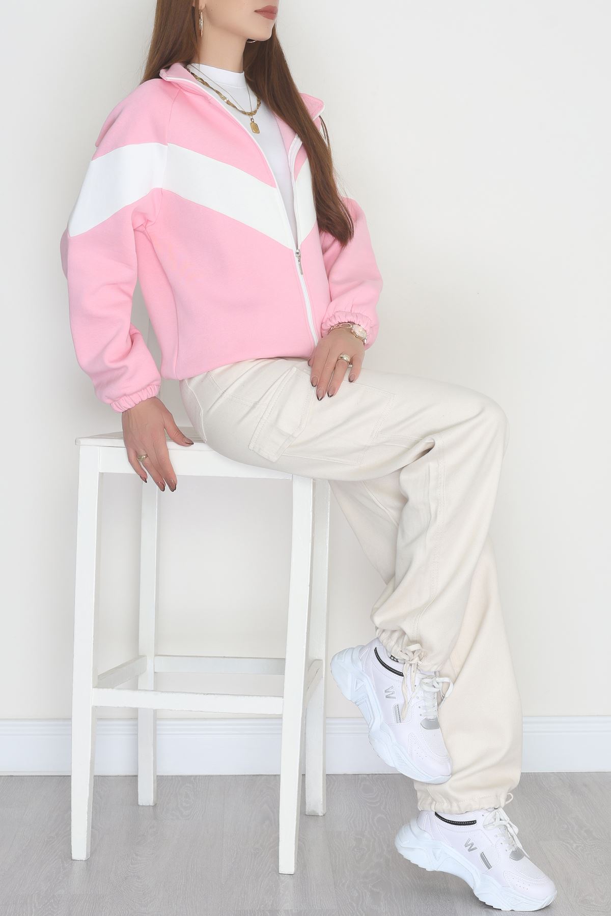 3 İplik Kompakt Oversize Fermuarlı Sweat Pembeekru - 42504.1878.