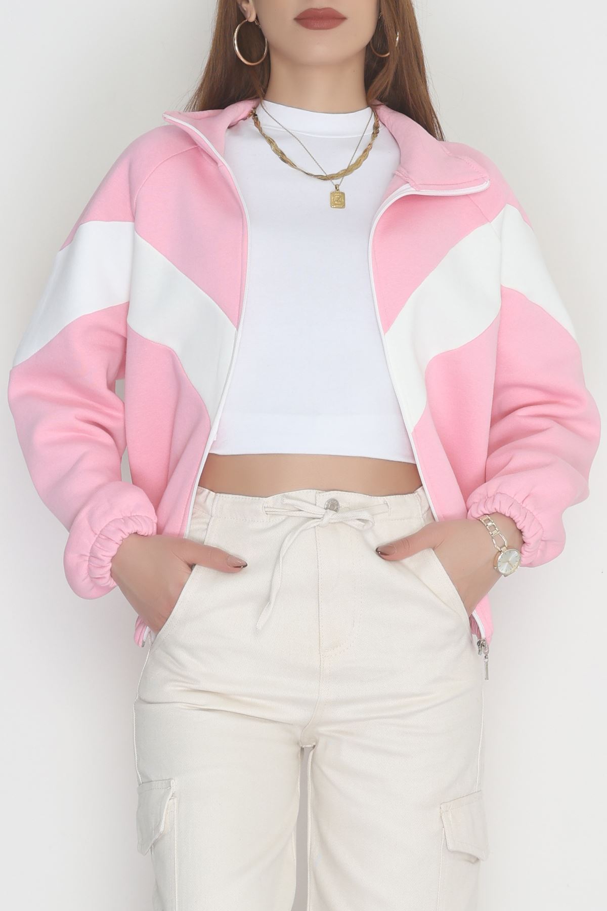 3 İplik Kompakt Oversize Fermuarlı Sweat Pembeekru - 42504.1878.