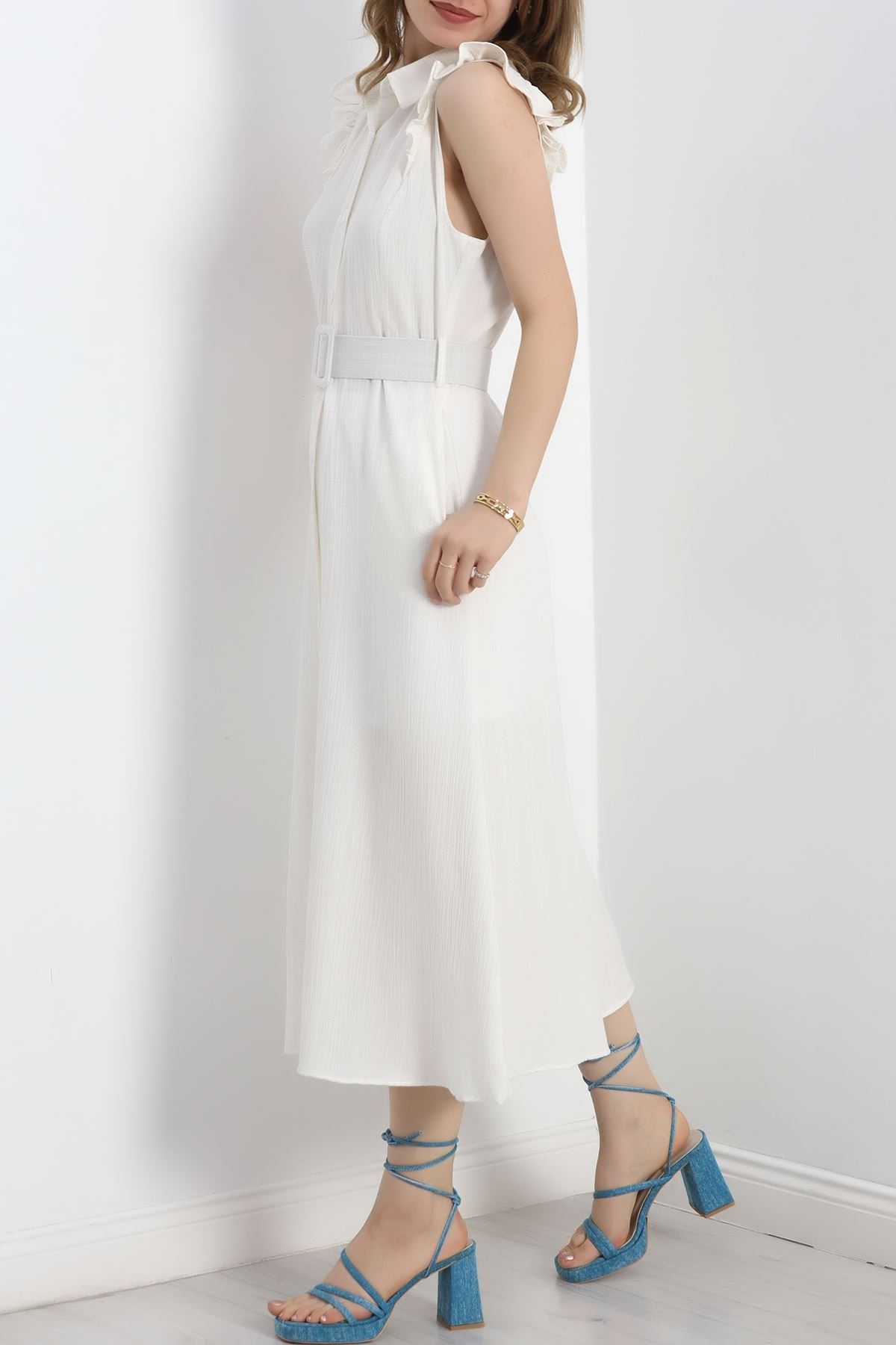 Fırfırlı Kemerli Elbise Beyaz - 19524.1775.