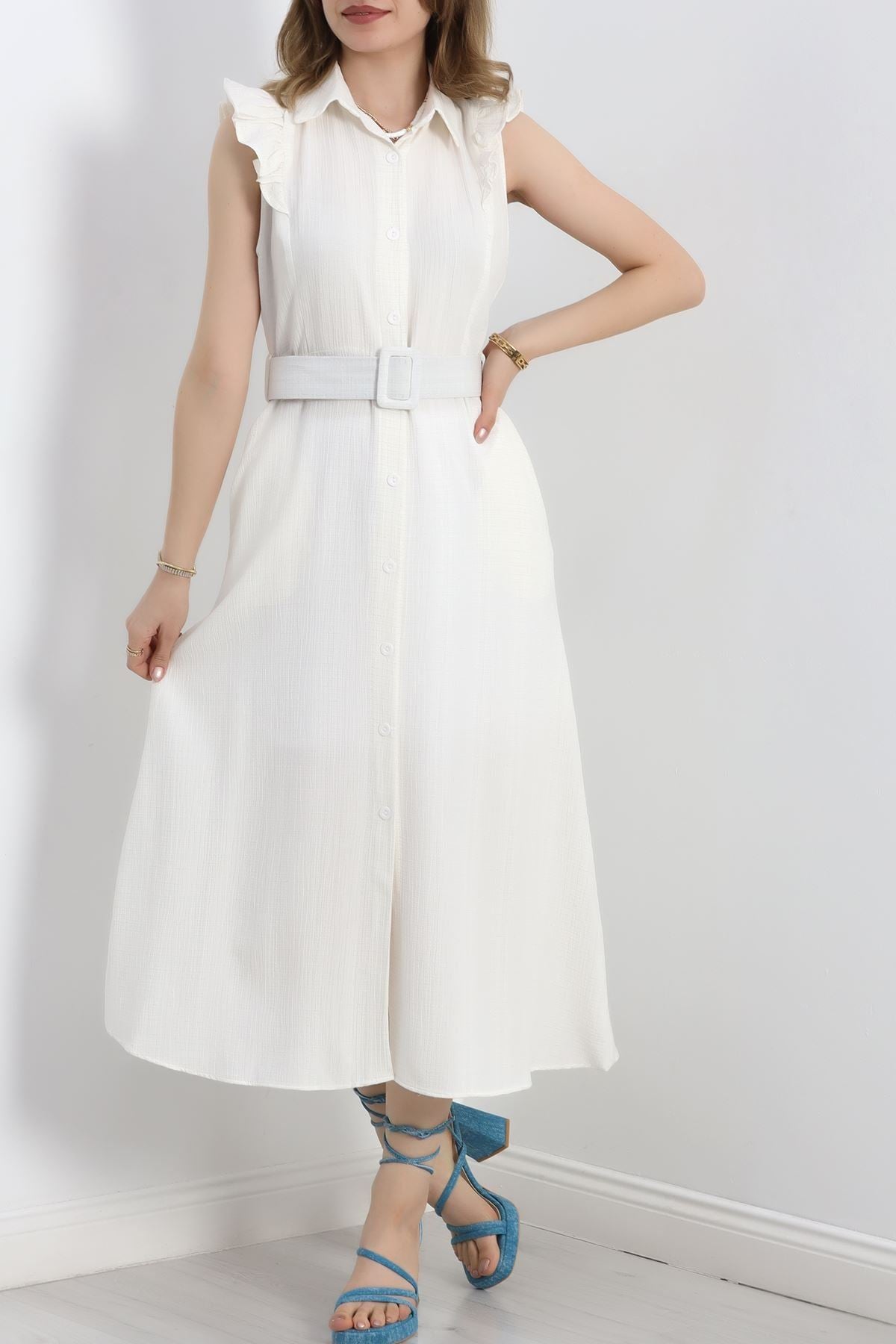 Fırfırlı Kemerli Elbise Beyaz - 19524.1775.