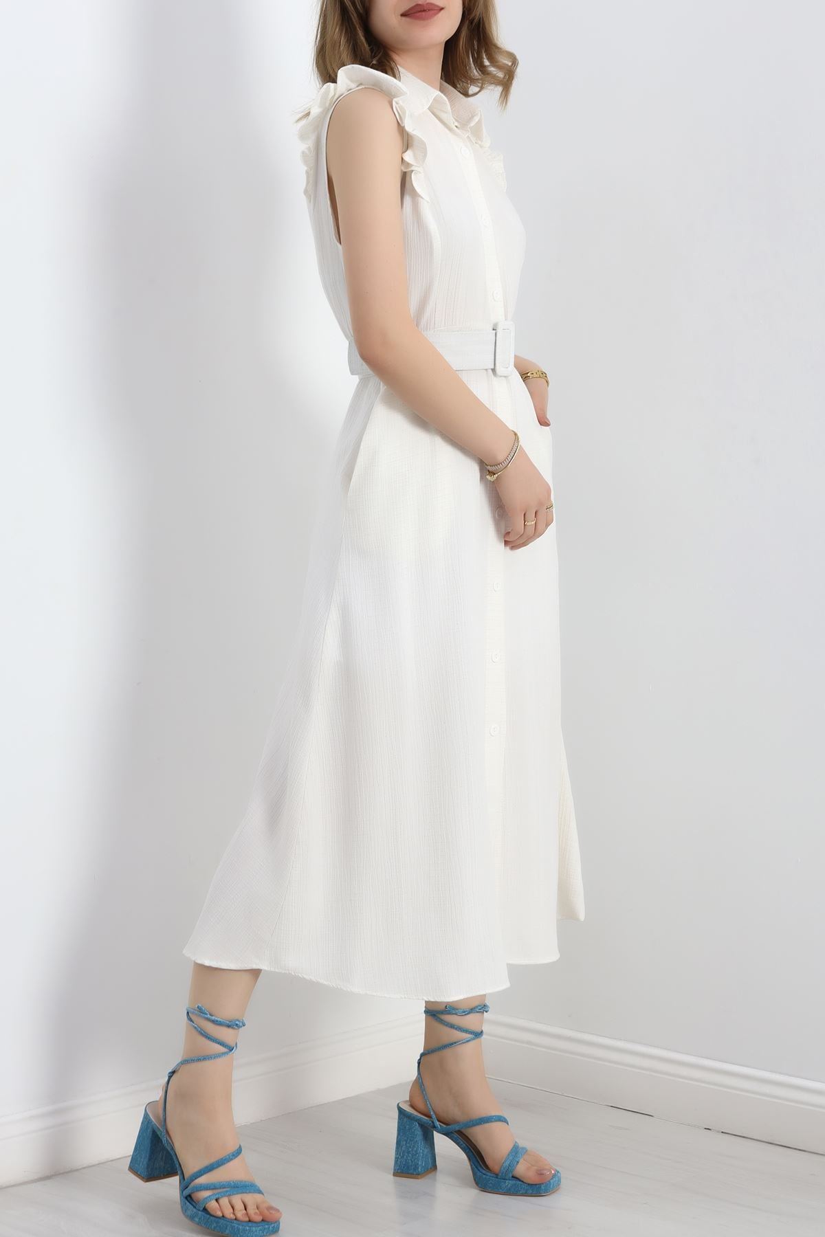 Fırfırlı Kemerli Elbise Beyaz - 19524.1775.