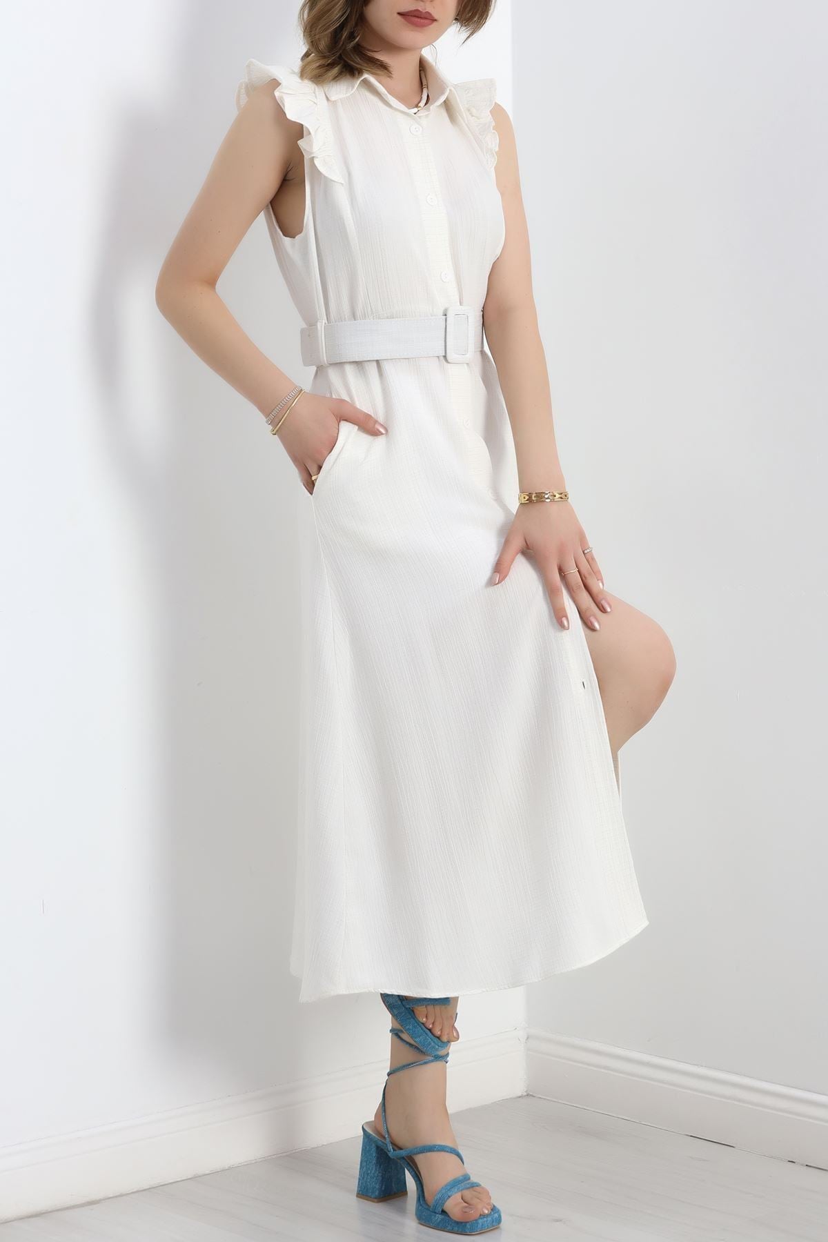 Fırfırlı Kemerli Elbise Beyaz - 19524.1775.