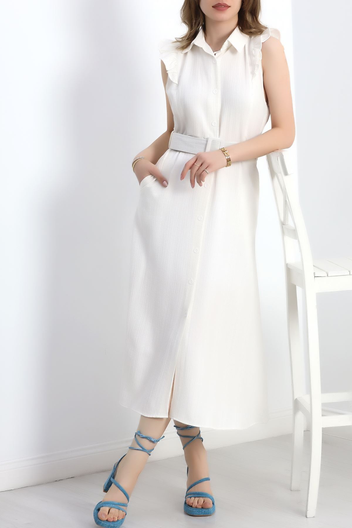 Fırfırlı Kemerli Elbise Beyaz - 19524.1775.