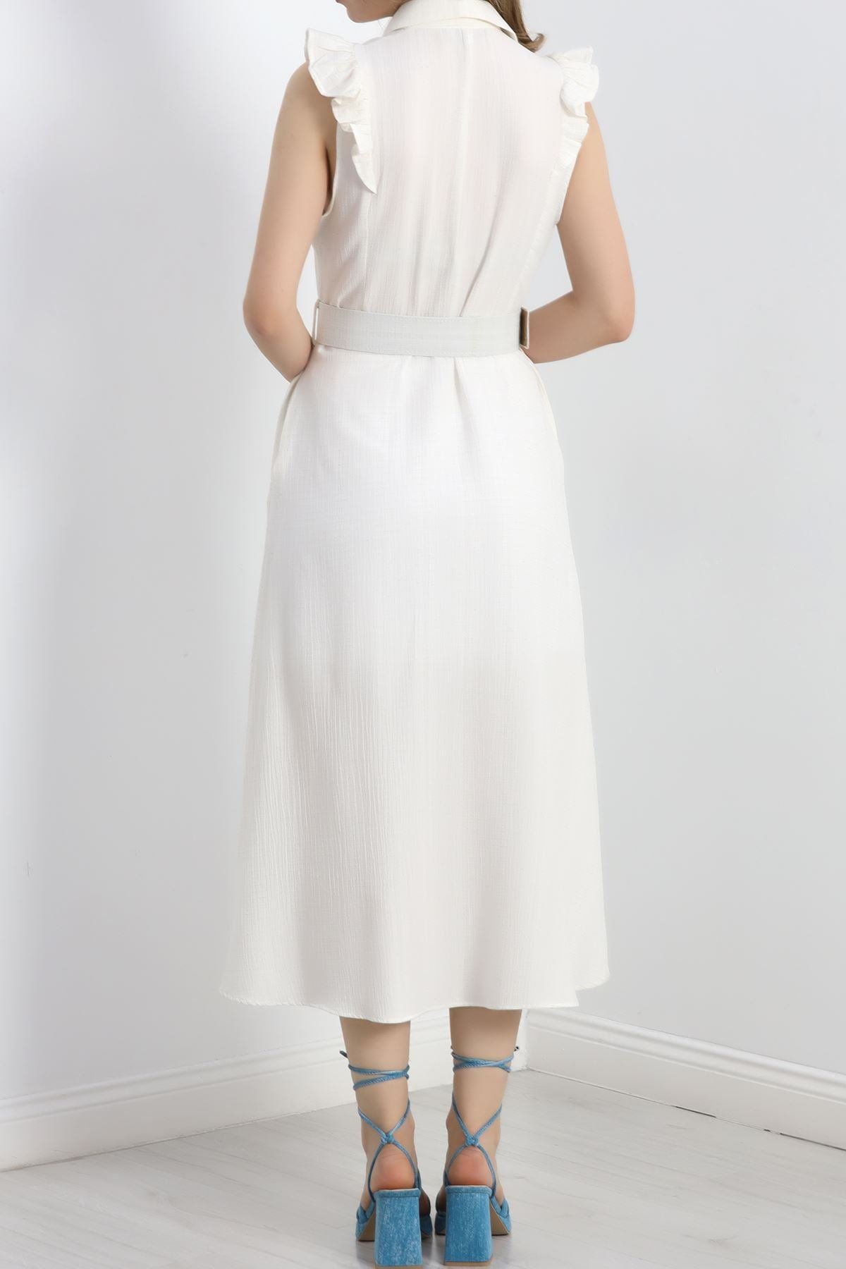 Fırfırlı Kemerli Elbise Beyaz - 19524.1775.