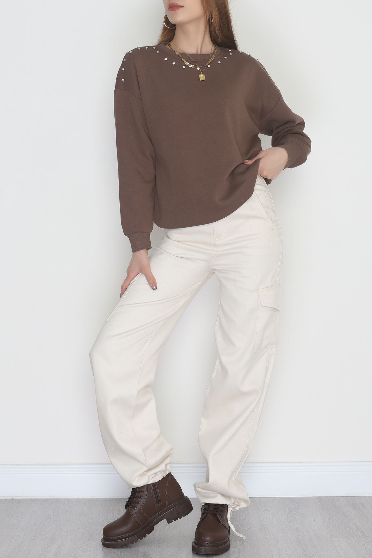 3 İplik Şardonlu Taşı Sweat Kahve - 42609.1878.