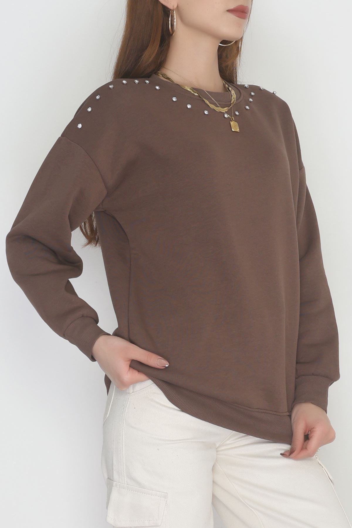 3 İplik Şardonlu Taşı Sweat Kahve - 42609.1878.