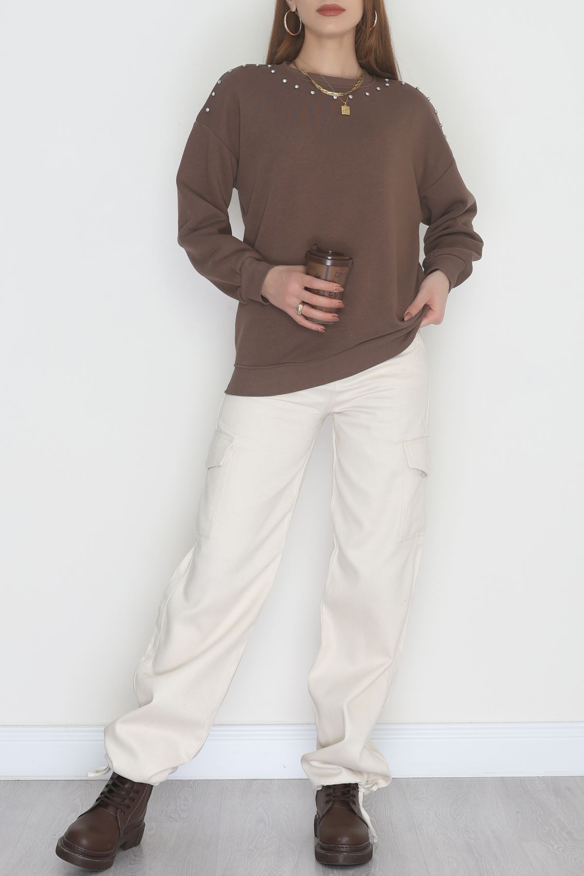 3 İplik Şardonlu Taşı Sweat Kahve - 42609.1878.