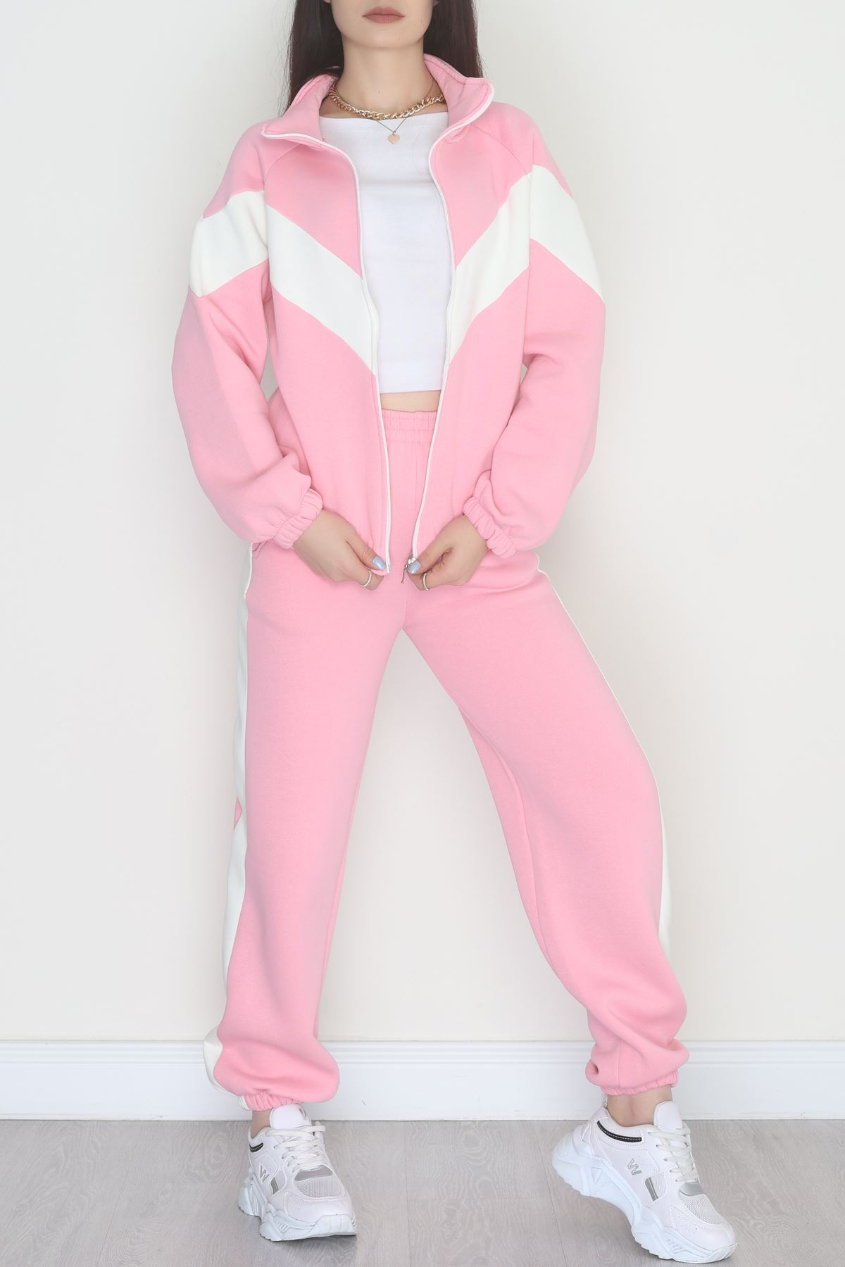 3 İplik Kompakt Fermuarlı Eşofman Takım Pembeekru - 42523.1878.