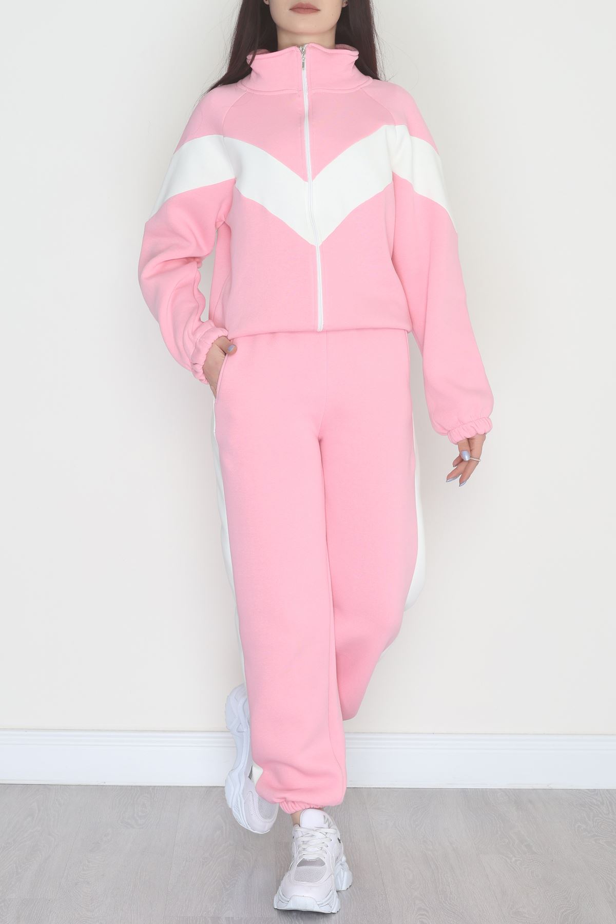 3 İplik Kompakt Fermuarlı Eşofman Takım Pembeekru - 42523.1878.