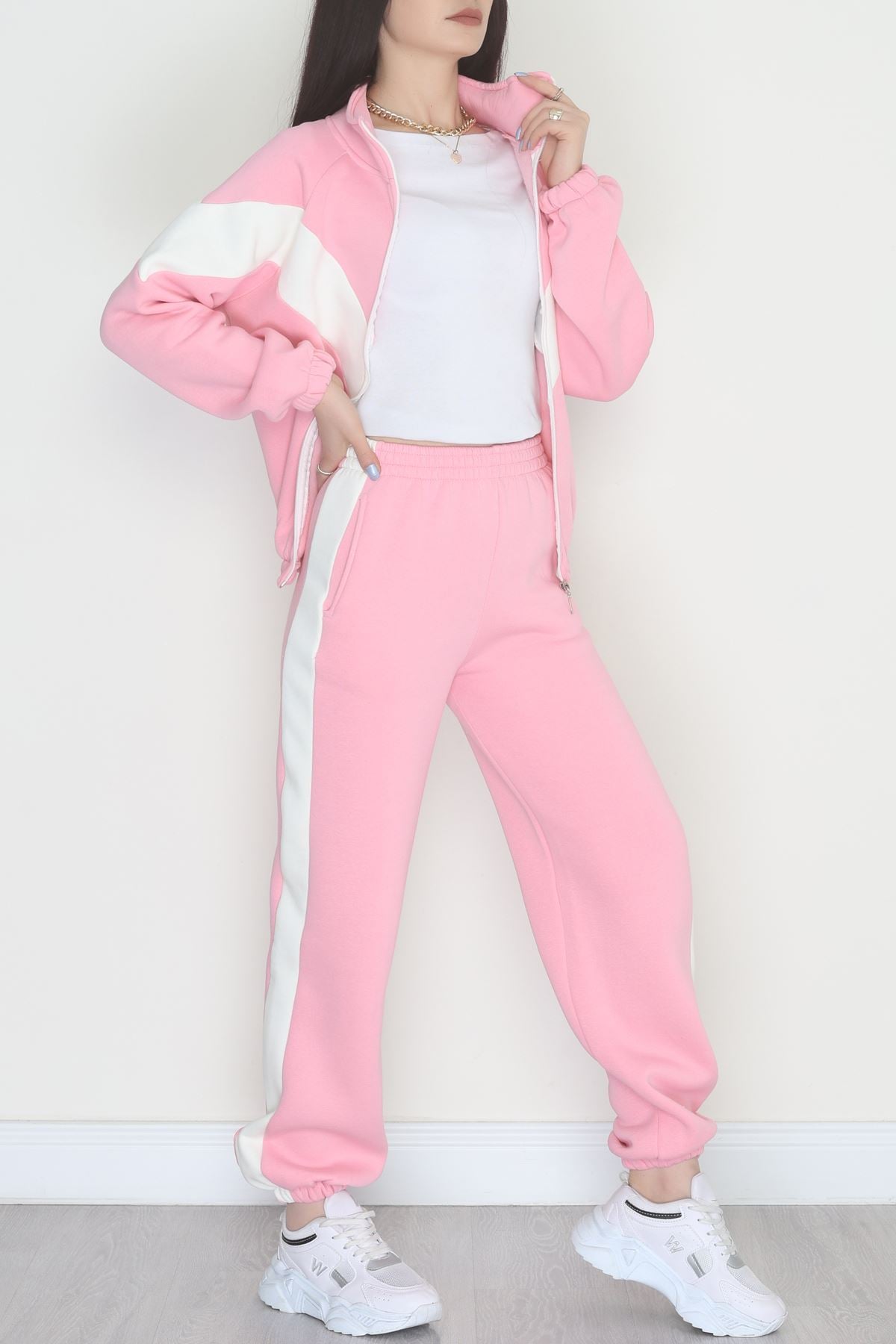 3 İplik Kompakt Fermuarlı Eşofman Takım Pembeekru - 42523.1878.