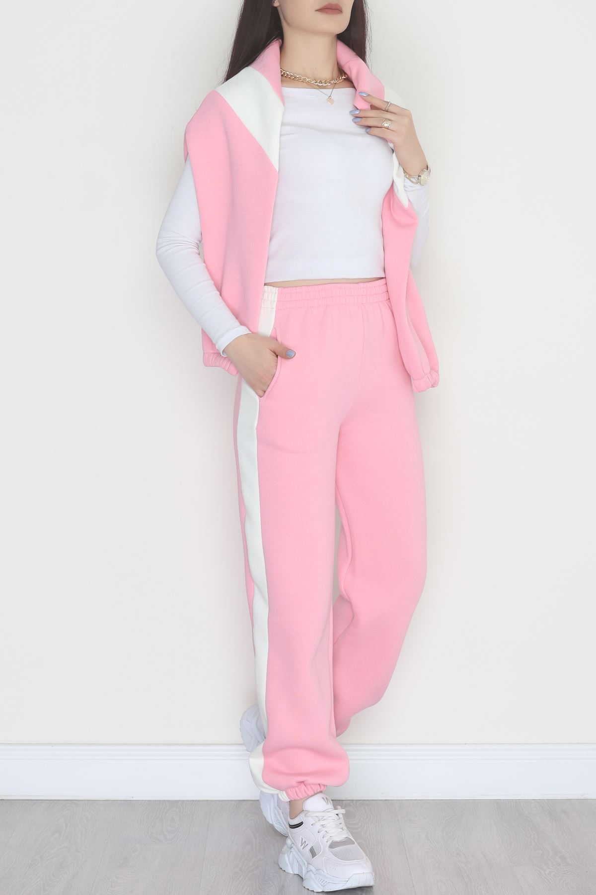 3 İplik Kompakt Fermuarlı Eşofman Takım Pembeekru - 42523.1878.