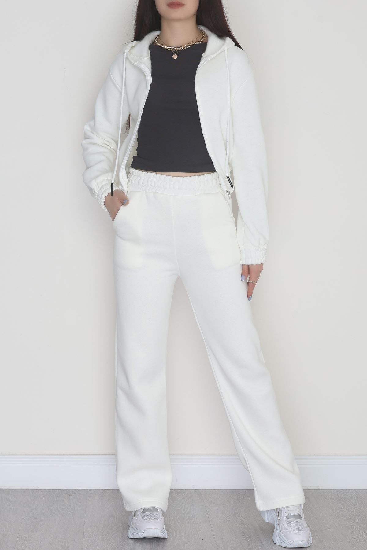 3 İplik Crop Palazzo Eşofman Takımı Ekru - 50914.1878.