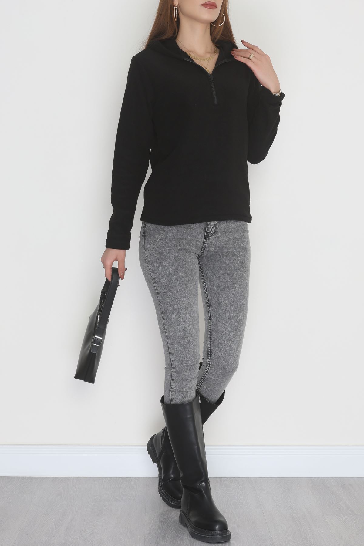 Yaka Fermuarlı Polar Sweat Siyah - 52034.053.