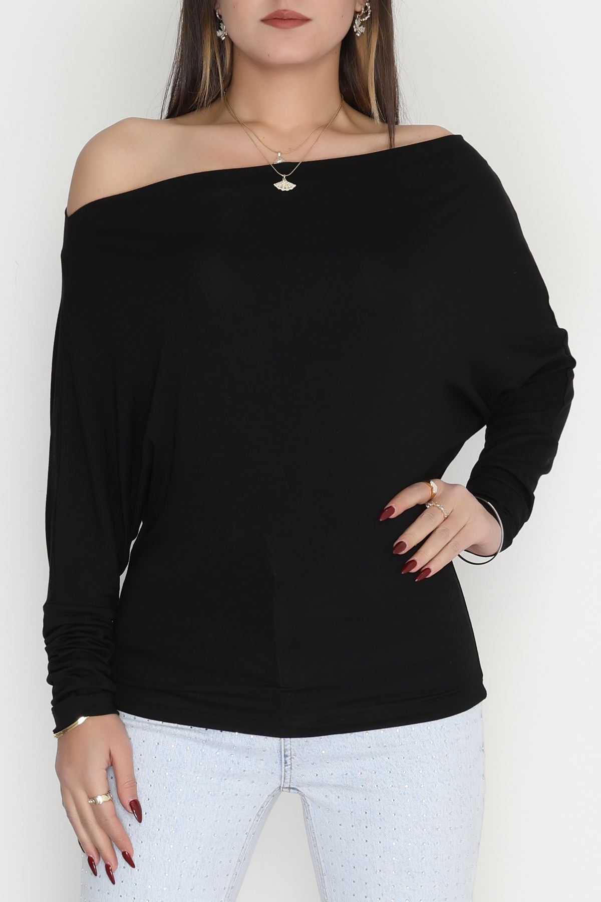 Omuz Düşümlü Asimetrik Bluz Siyah - 22153.200.