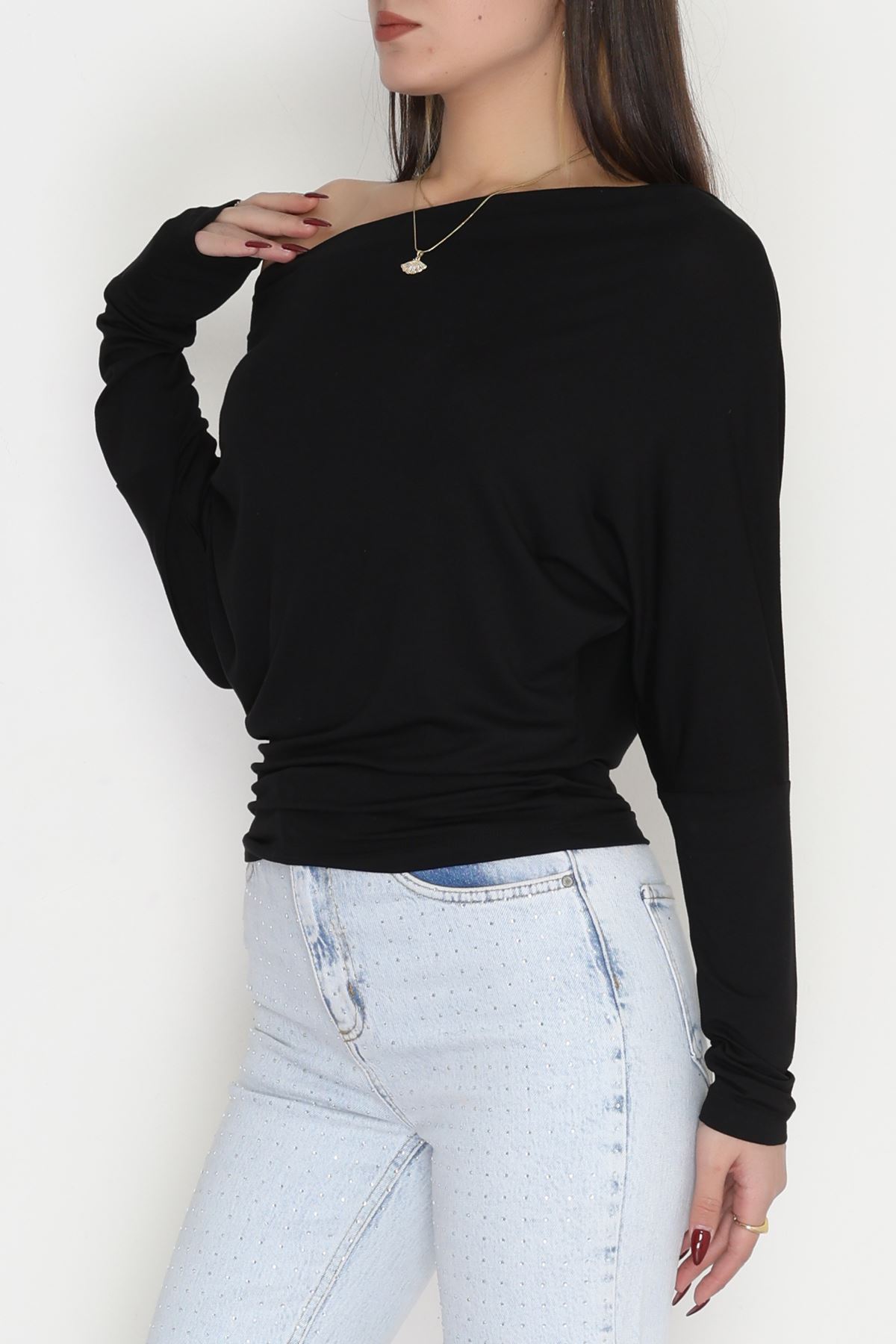 Omuz Düşümlü Asimetrik Bluz Siyah - 22153.200.