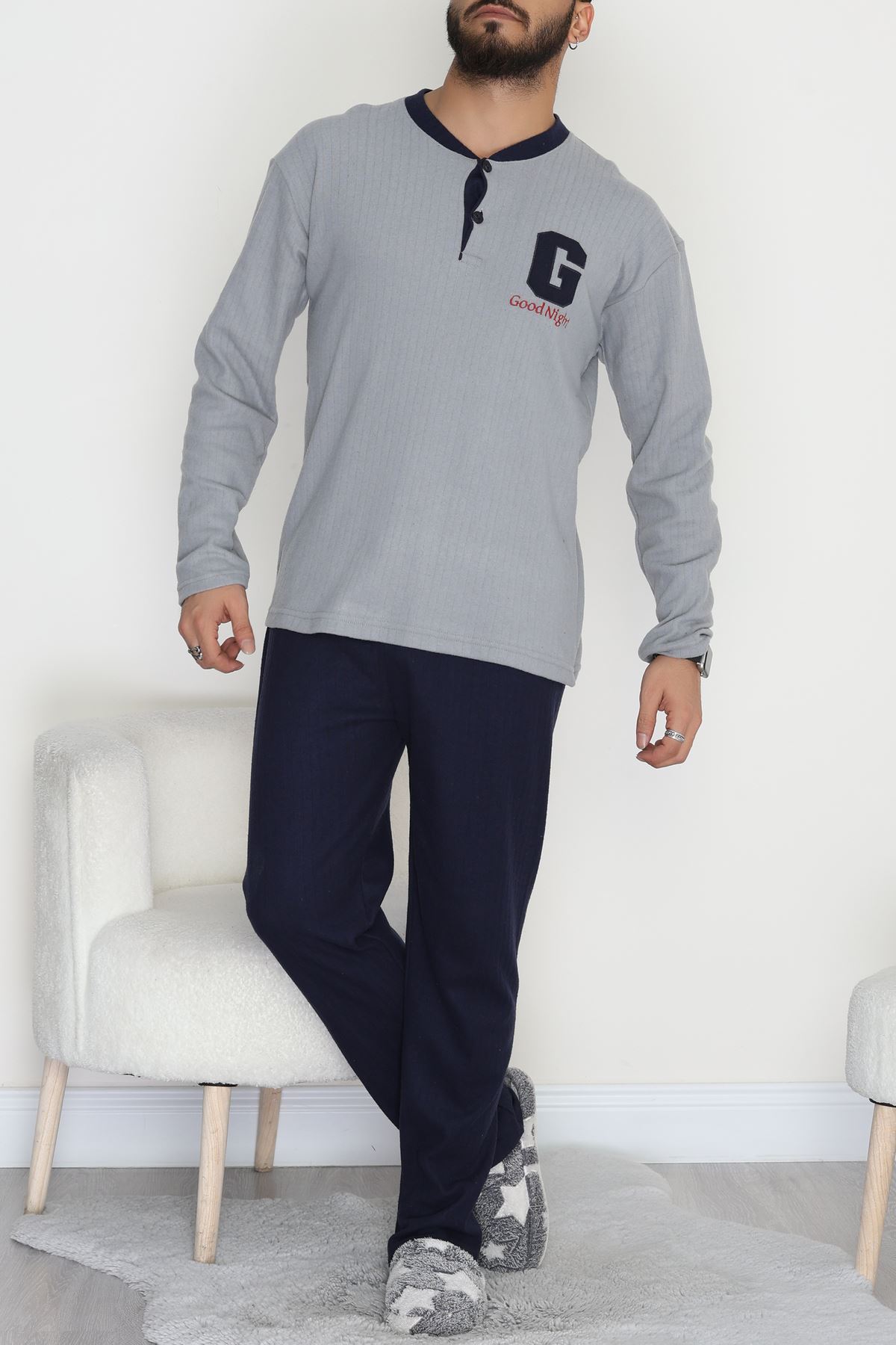 Yakası Düğmeli İnterlok Erkek Pijama Takımı Boyalıgri - 52078.1050.