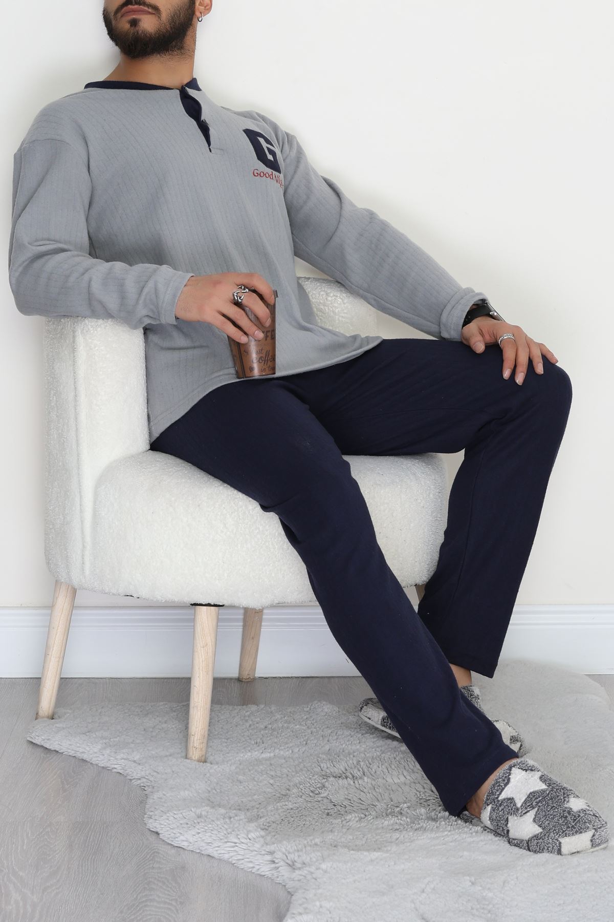 Yakası Düğmeli İnterlok Erkek Pijama Takımı Boyalıgri - 52078.1050.