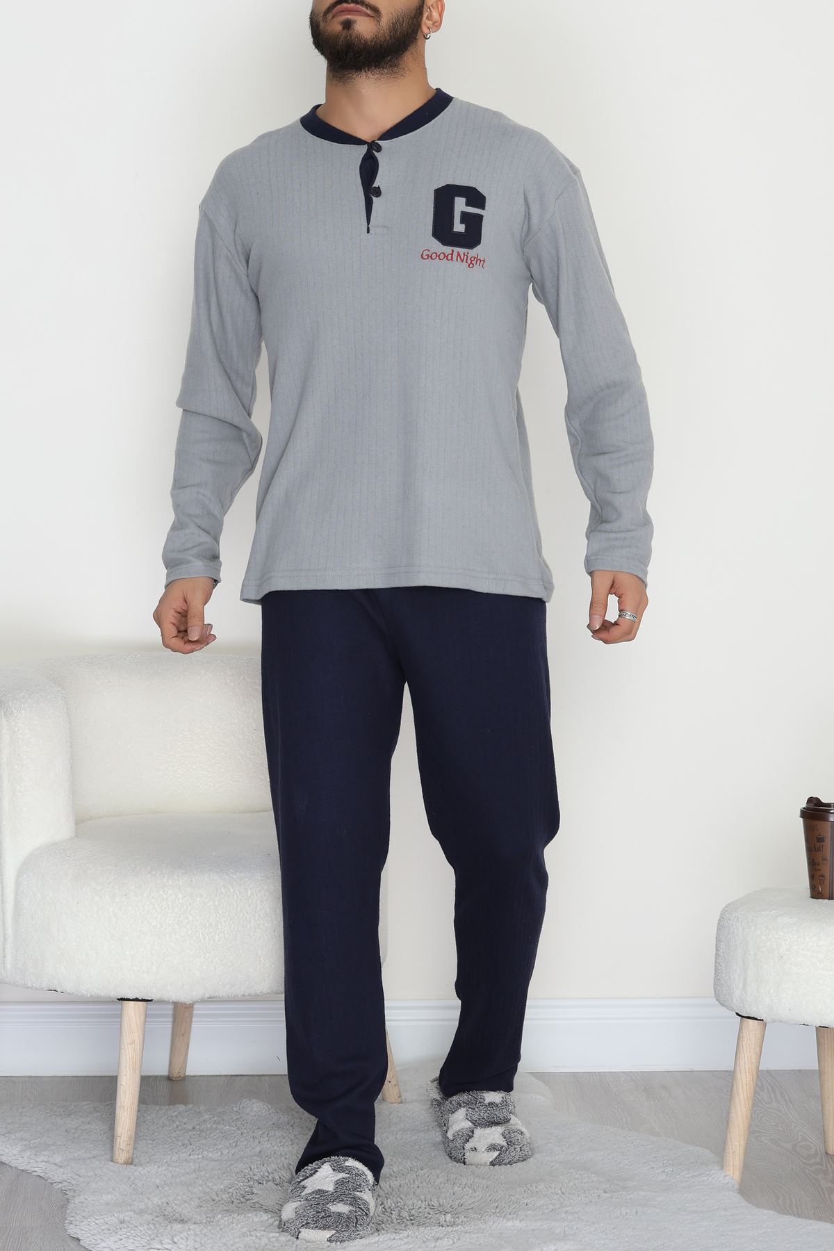 Yakası Düğmeli İnterlok Erkek Pijama Takımı Boyalıgri - 52078.1050.