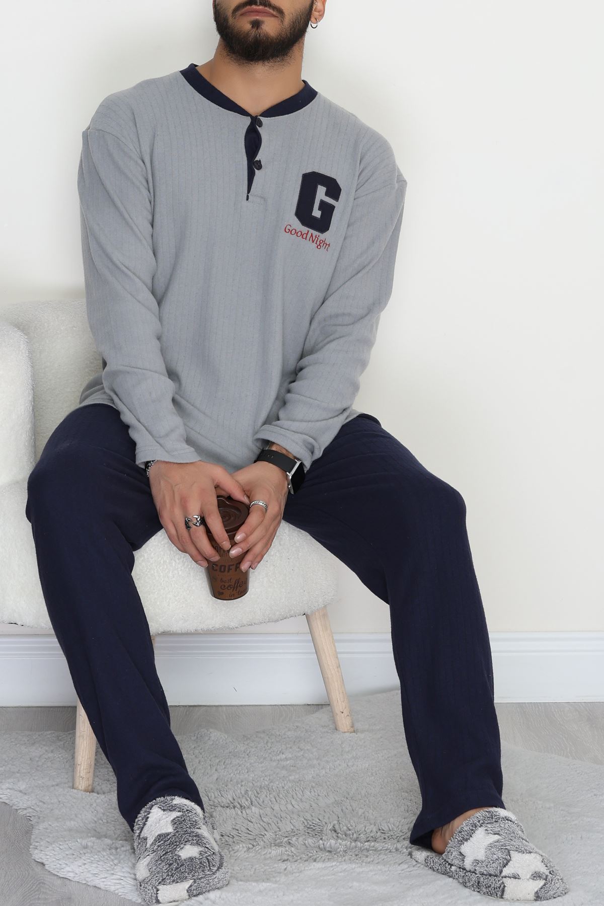 Yakası Düğmeli İnterlok Erkek Pijama Takımı Boyalıgri - 52078.1050.