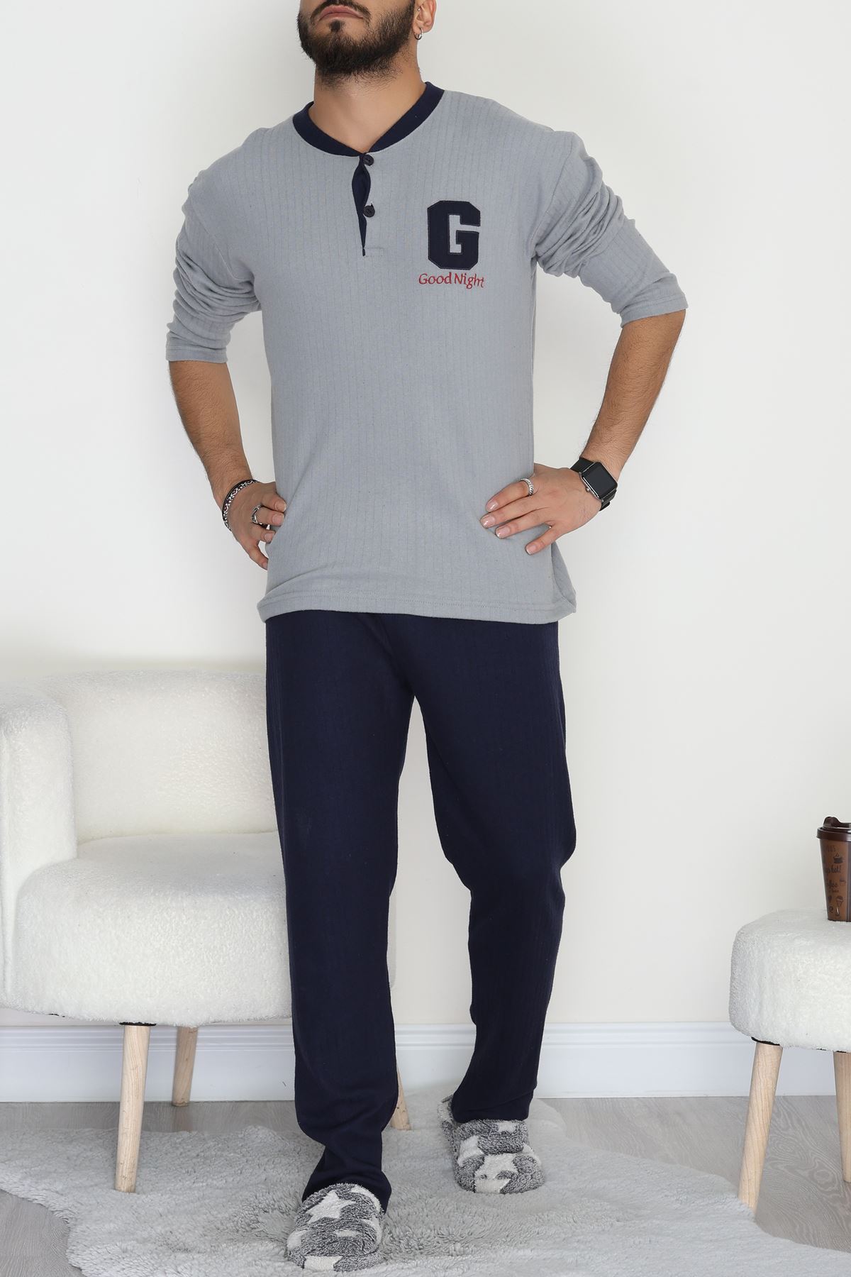 Yakası Düğmeli İnterlok Erkek Pijama Takımı Boyalıgri - 52078.1050.