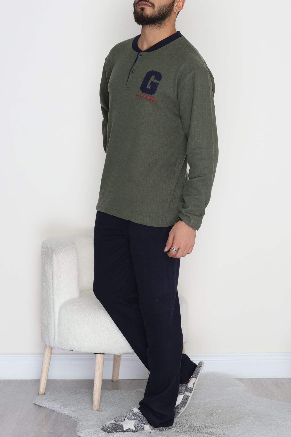 Yakası Düğmeli İnterlok Erkek Pijama Takımı Haki - 52078.1050.