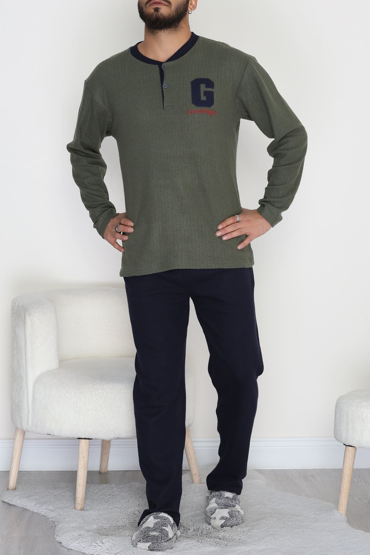 Yakası Düğmeli İnterlok Erkek Pijama Takımı Haki - 52078.1050.