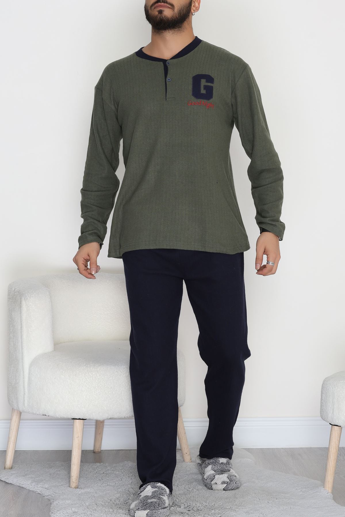 Yakası Düğmeli İnterlok Erkek Pijama Takımı Haki - 52078.1050.
