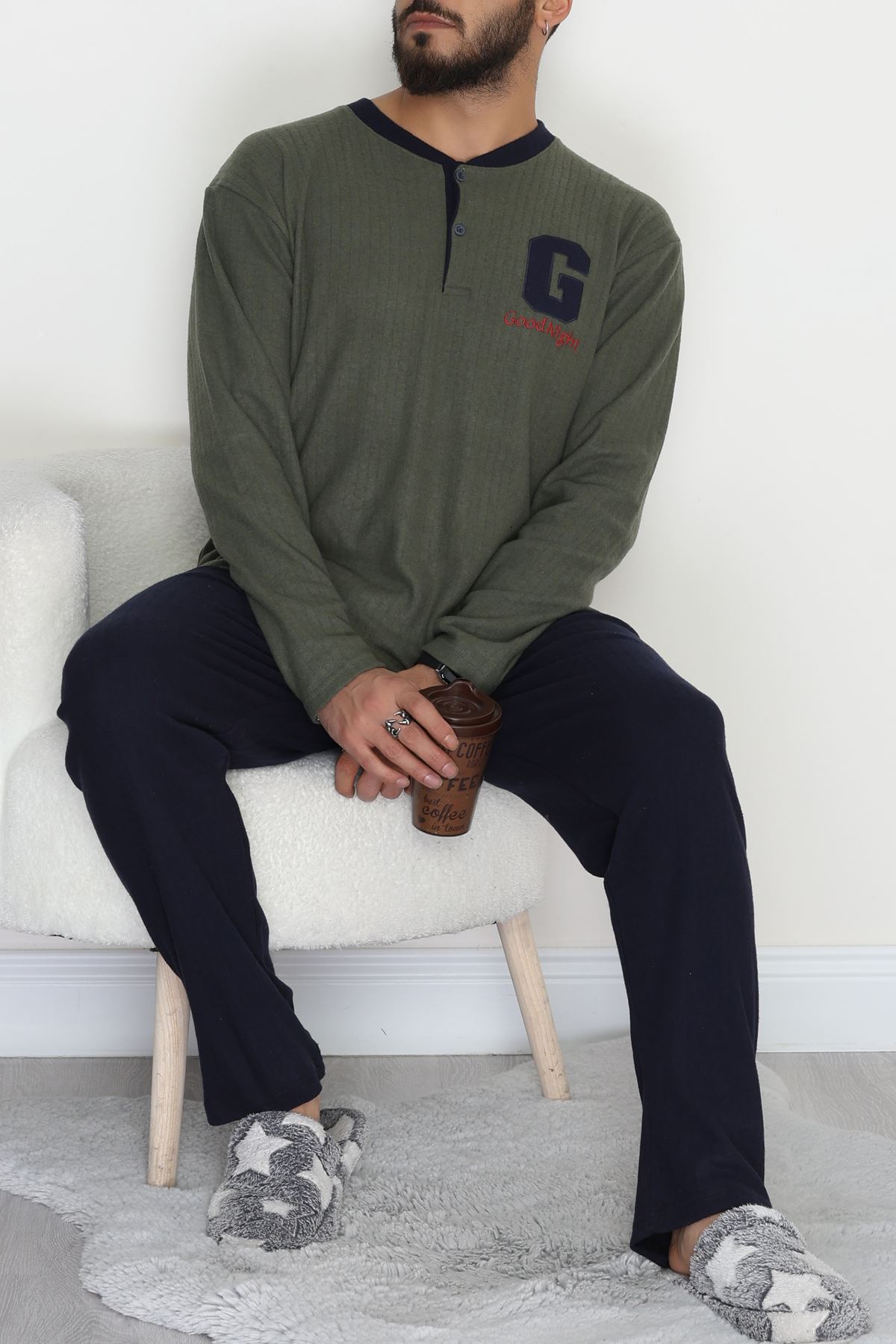 Yakası Düğmeli İnterlok Erkek Pijama Takımı Haki - 52078.1050.