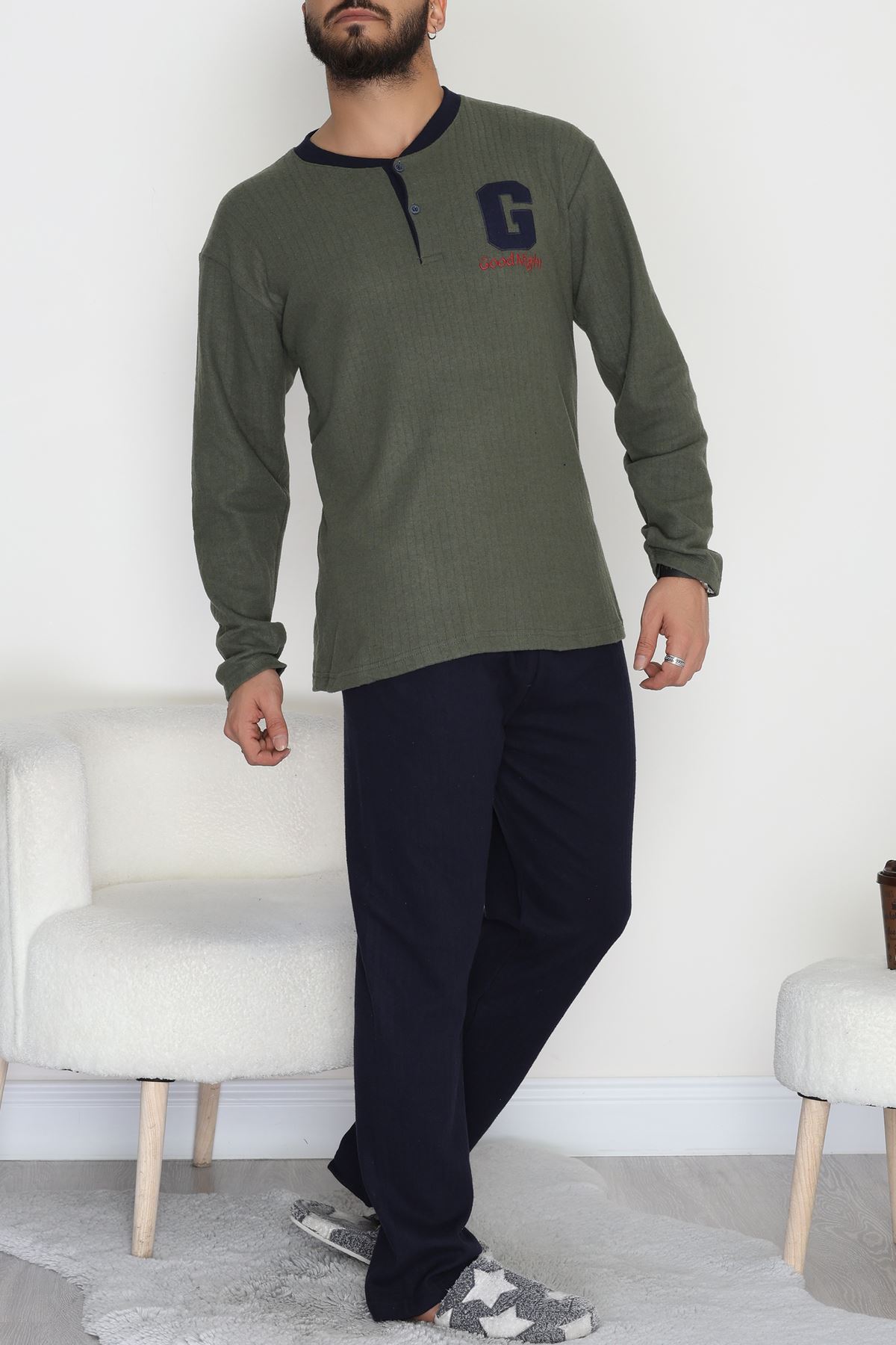 Yakası Düğmeli İnterlok Erkek Pijama Takımı Haki - 52078.1050.