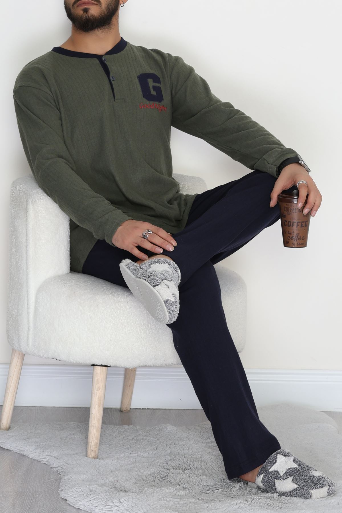 Yakası Düğmeli İnterlok Erkek Pijama Takımı Haki - 52078.1050.