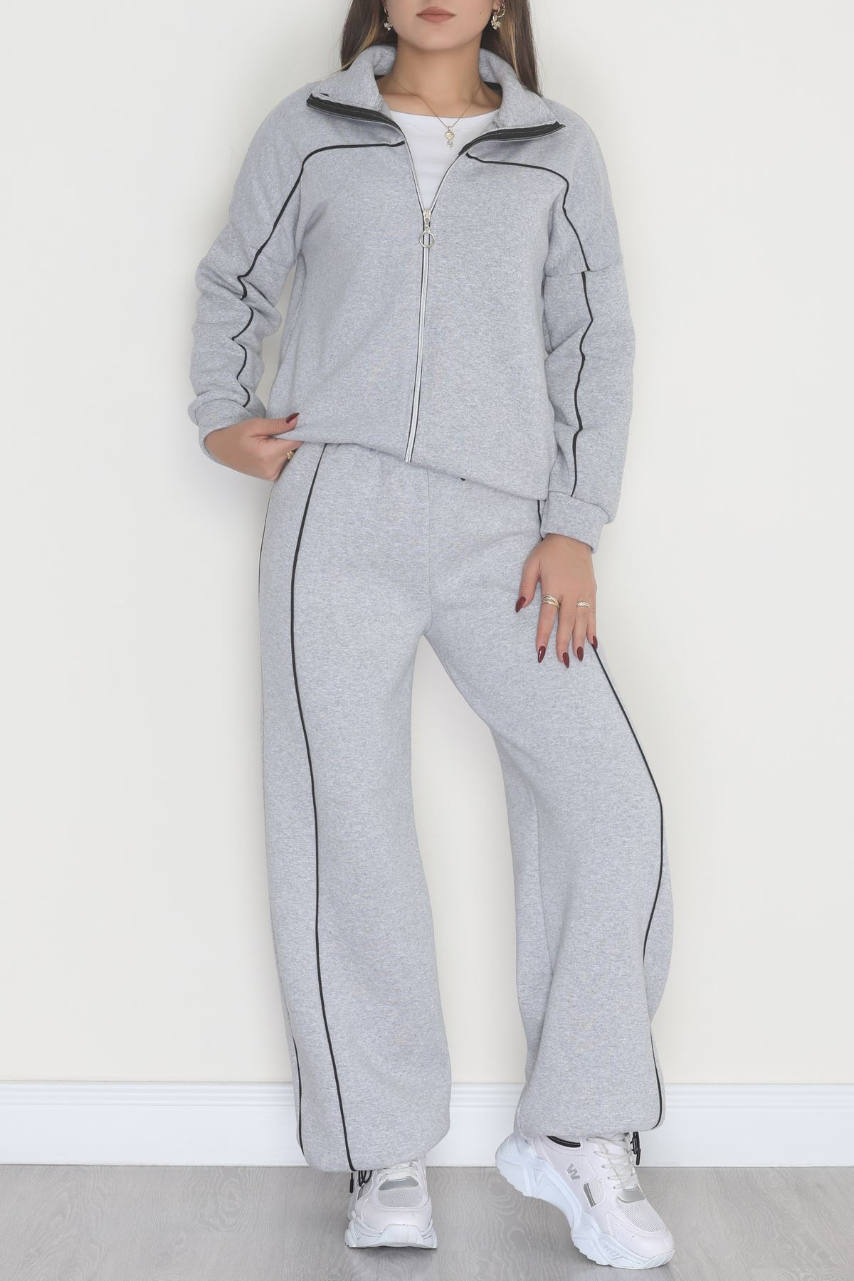 3 İplik Şardonlu Biyeli Fermuarlı Takım Gri - 52031.1857.