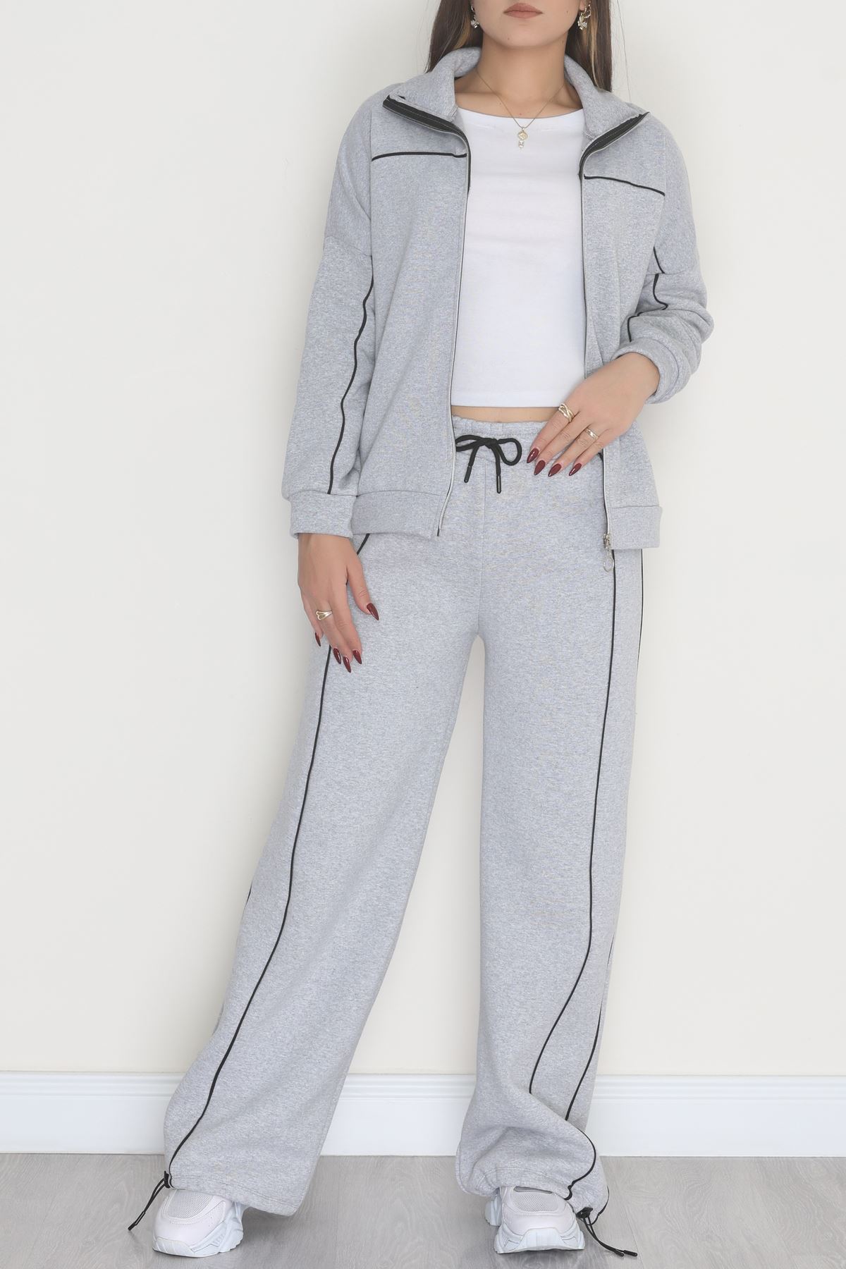 3 İplik Şardonlu Biyeli Fermuarlı Takım Gri - 52031.1857.