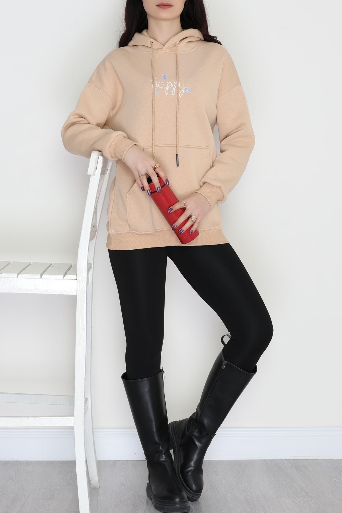 3 İplik Kanguru Cepli Kapşonlu Sweat Bej - 52100.1878.