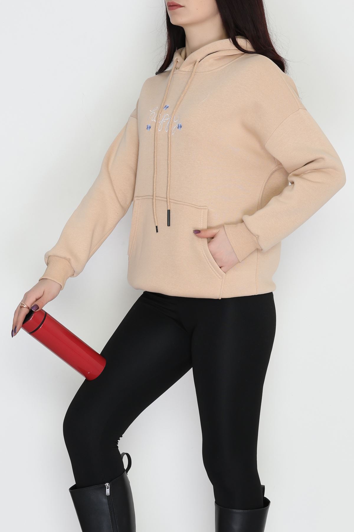 3 İplik Kanguru Cepli Kapşonlu Sweat Bej - 52100.1878.