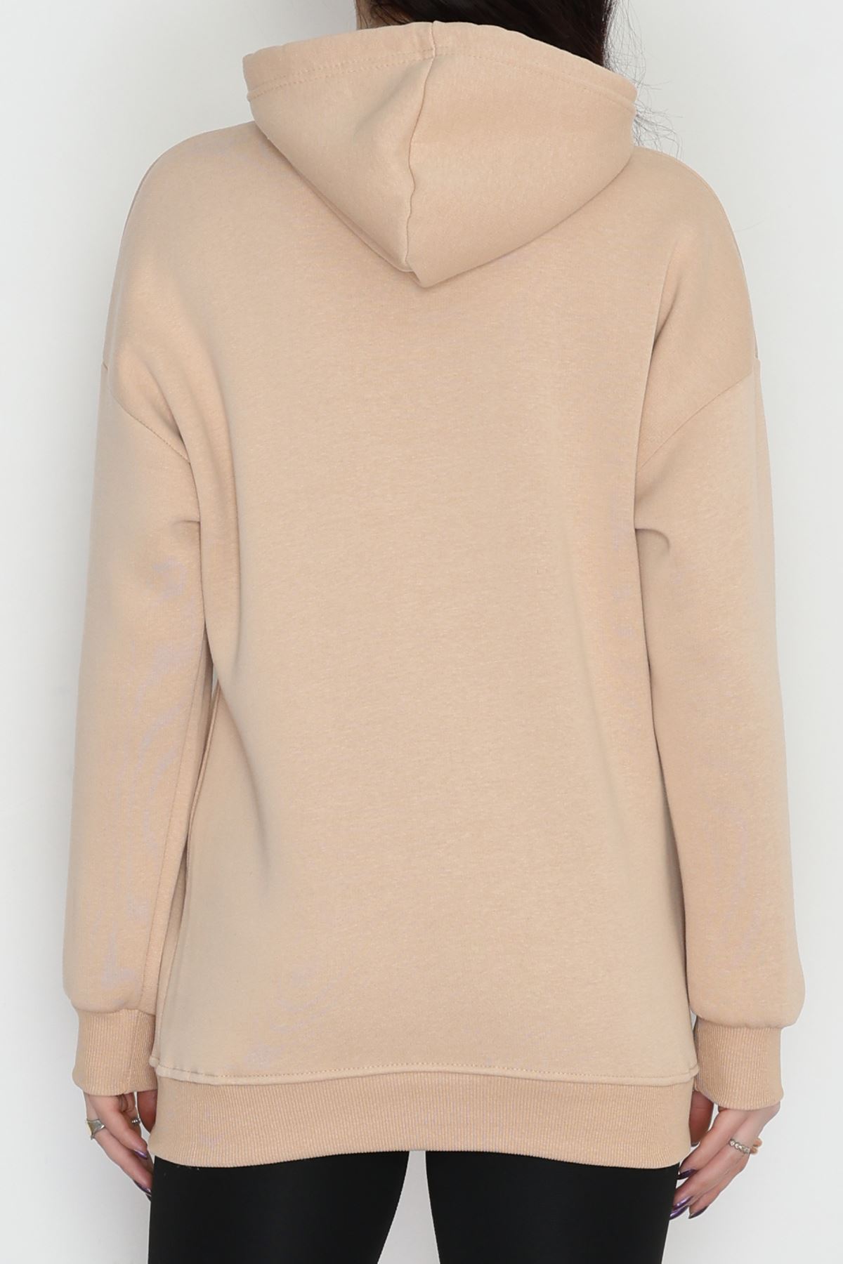 3 İplik Kanguru Cepli Kapşonlu Sweat Bej - 52100.1878.