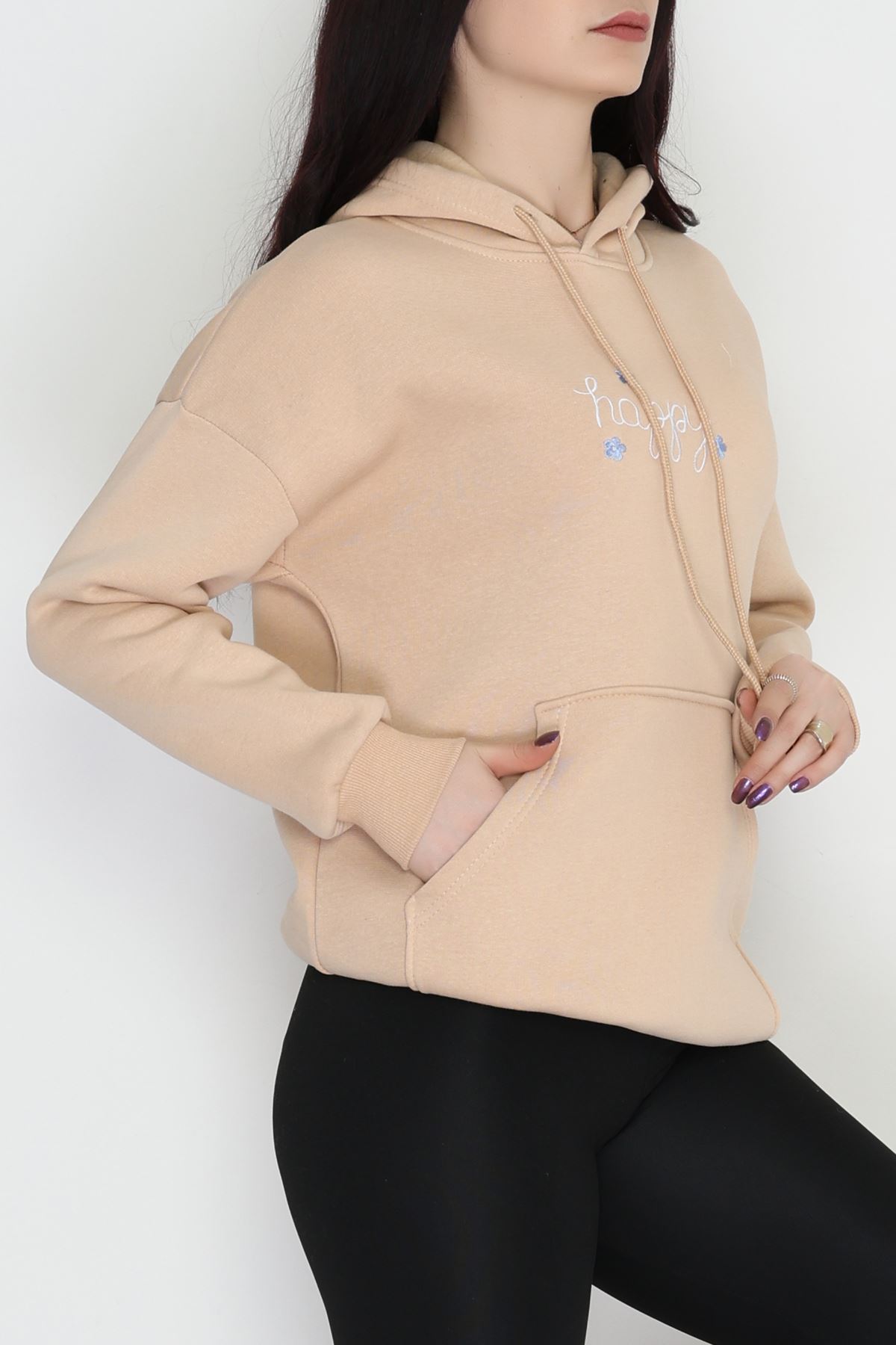 3 İplik Kanguru Cepli Kapşonlu Sweat Bej - 52100.1878.