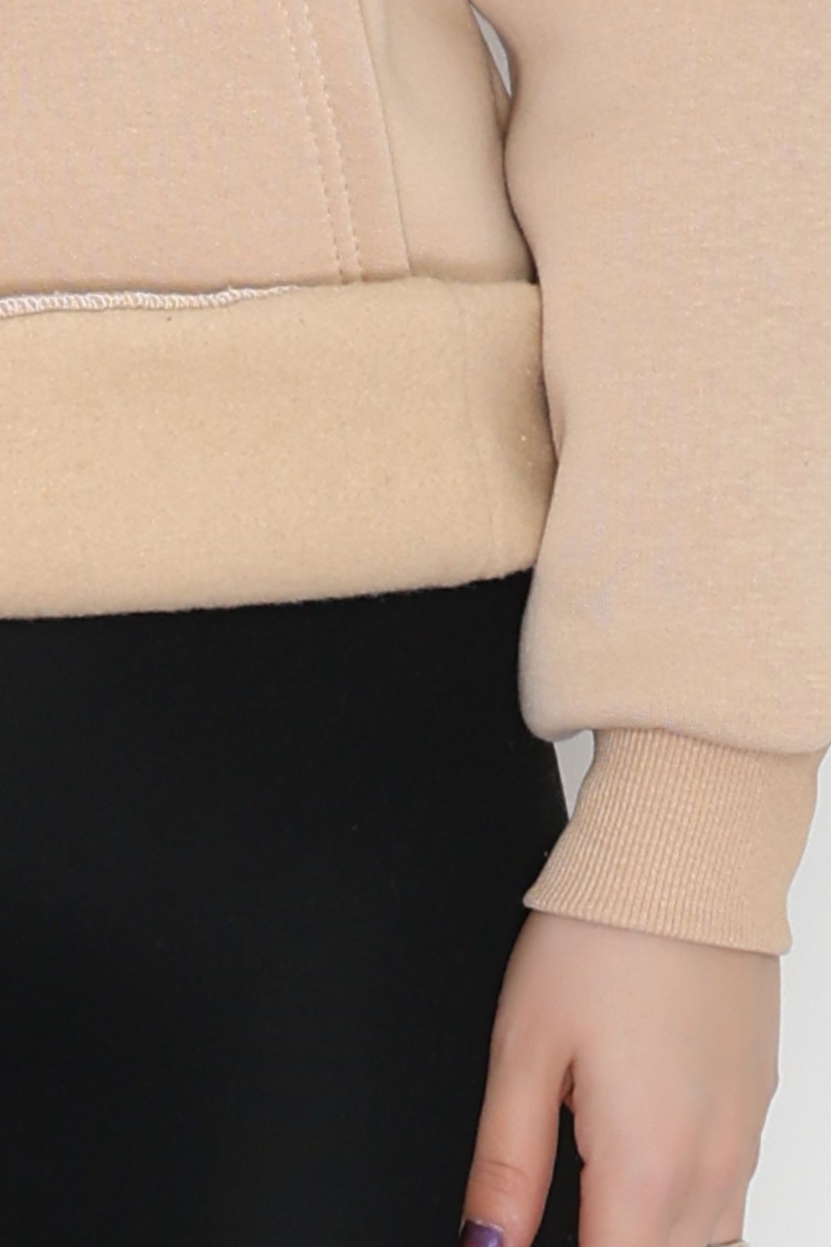 3 İplik Kanguru Cepli Kapşonlu Sweat Bej - 52100.1878.