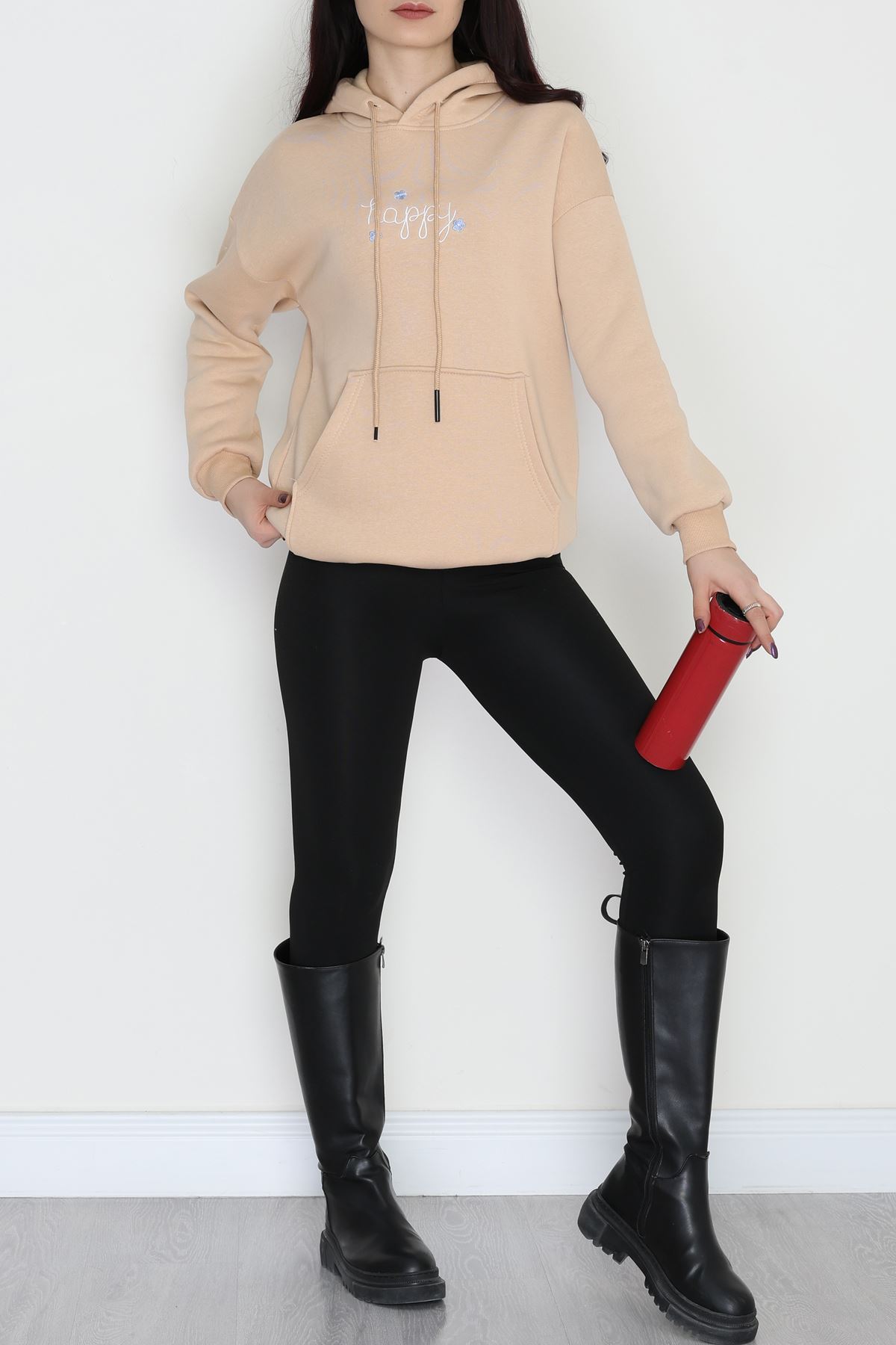 3 İplik Kanguru Cepli Kapşonlu Sweat Bej - 52100.1878.