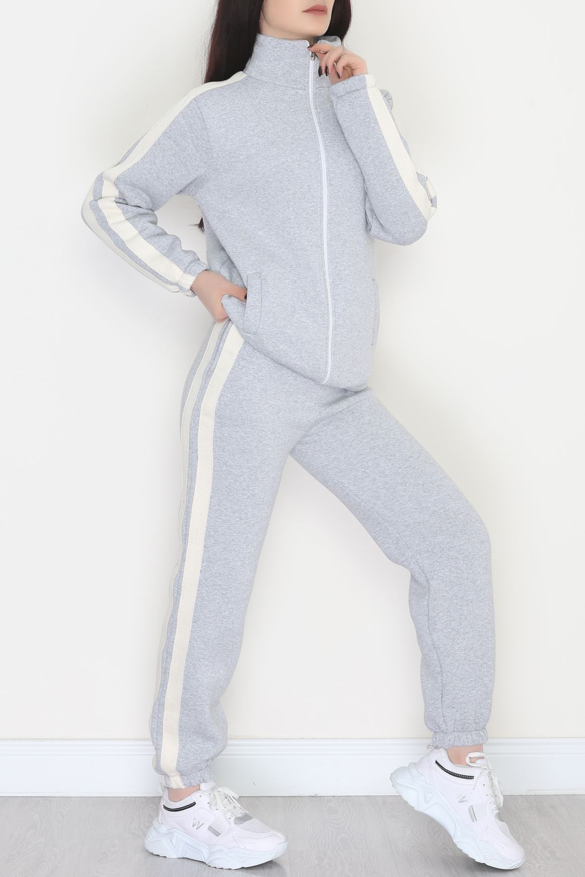 3 İplik Keten Şeritli Eşofman Takım Gri - 40017.1857.