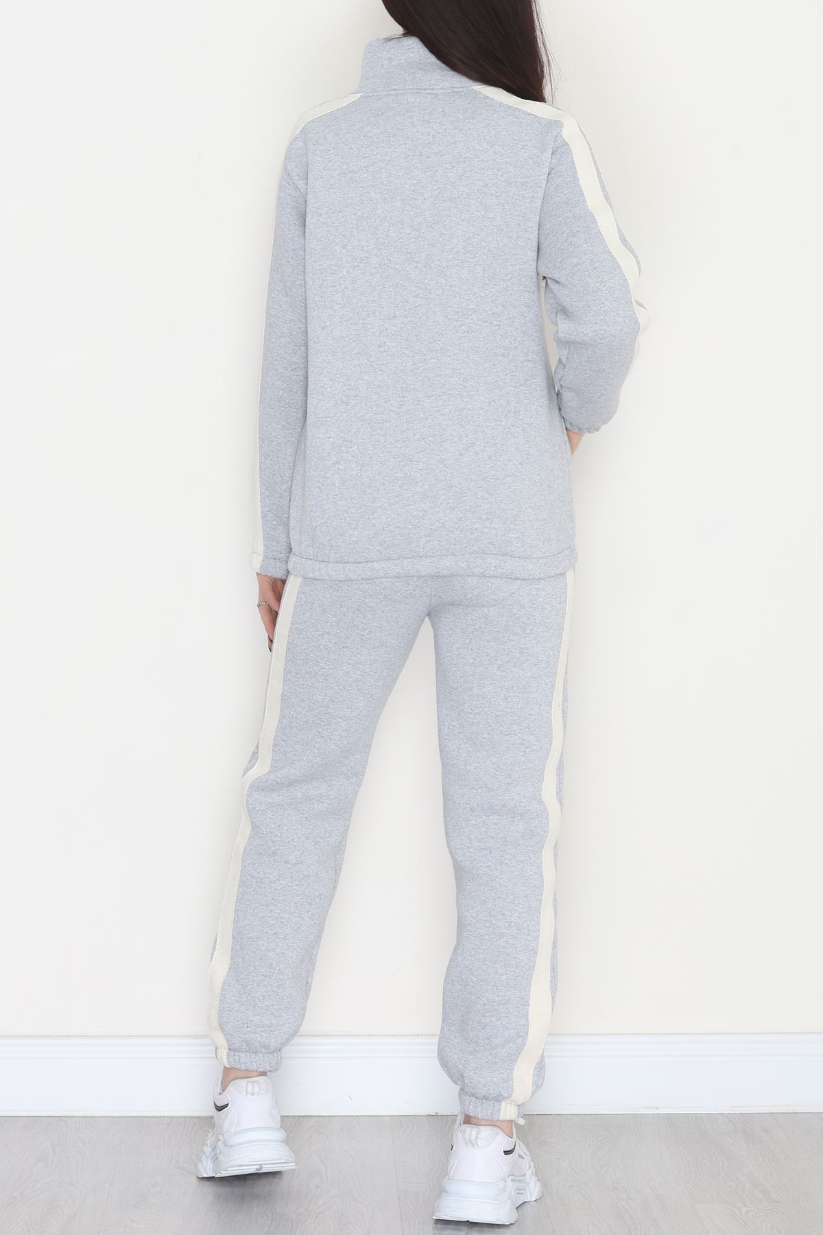 3 İplik Keten Şeritli Eşofman Takım Gri - 40017.1857.